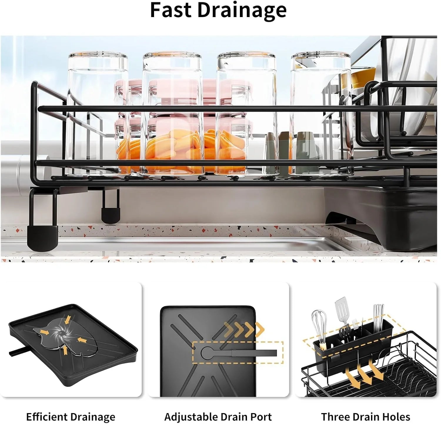 Expandable Dish Drying Rack with Drainage Spout, Utensil Holder & Drainboardfor Kitchen Countertop Organizer (2 tier)