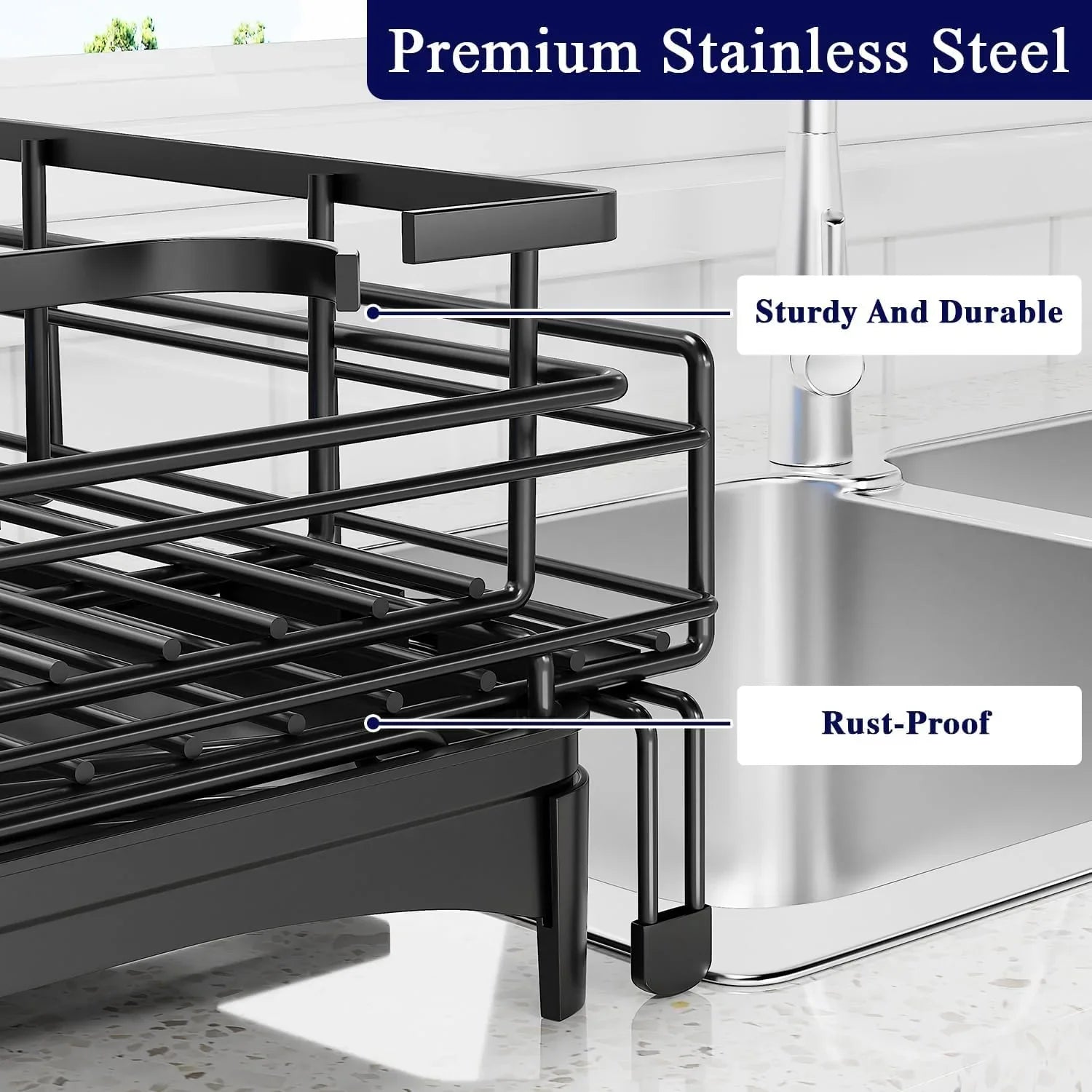 Expandable Dish Drying Rack with Drainage Spout, Utensil Holder & Drainboardfor Kitchen Countertop Organizer (2 tier)