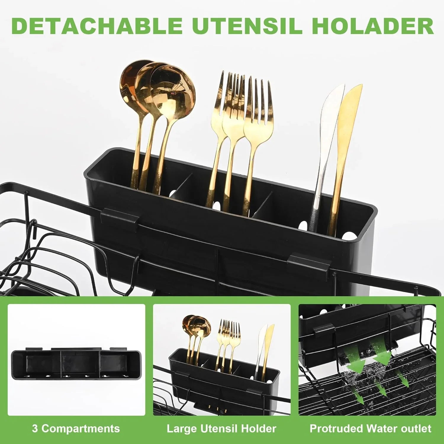 Expandable Dish Drying Rack with Drainage Spout, Utensil Holder & Drainboardfor Kitchen Countertop Organizer (2 tier)