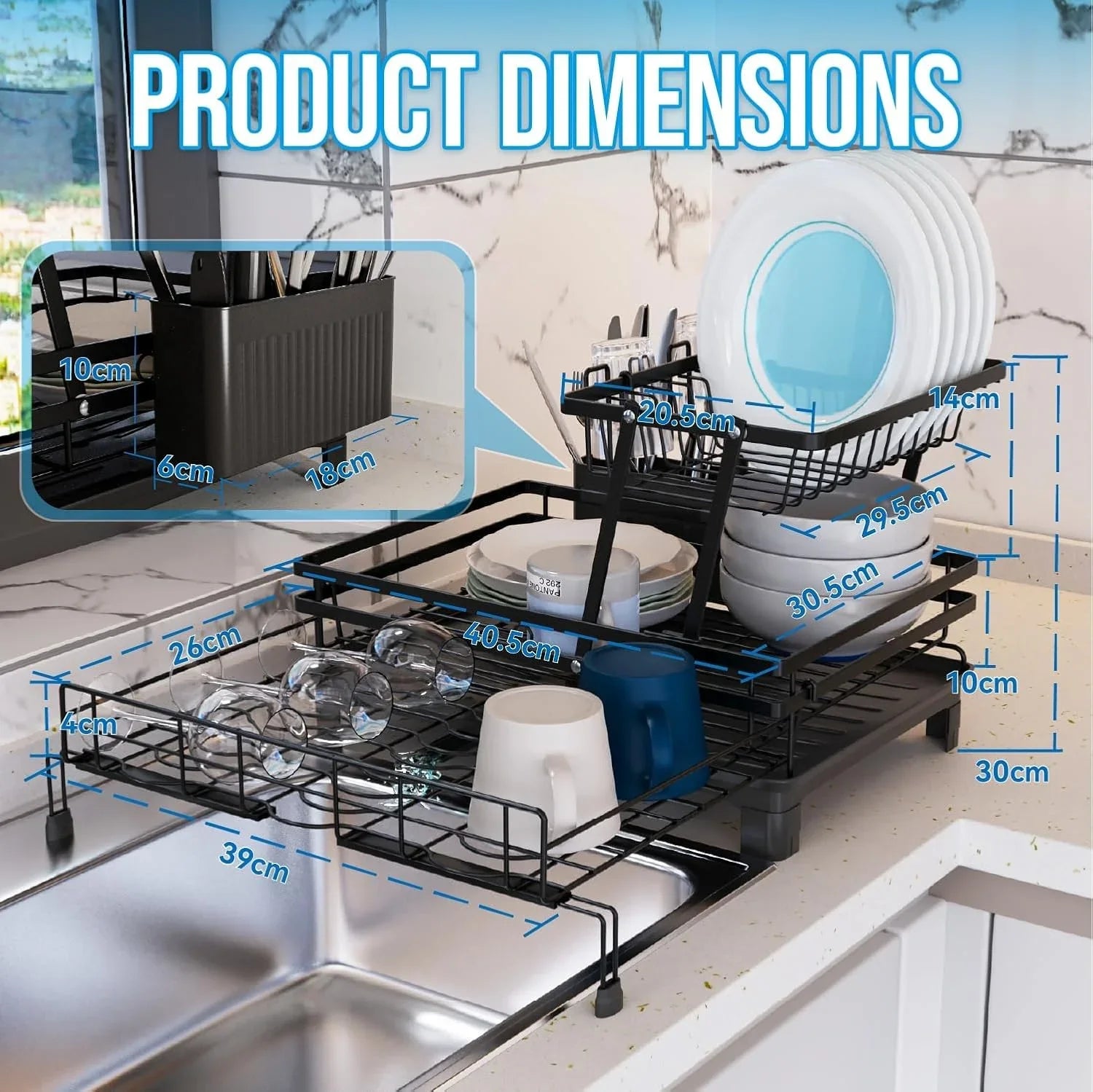 Expandable Dish Drying Rack with Drainage Spout, Utensil Holder & Drainboardfor Kitchen Countertop Organizer (2 tier)