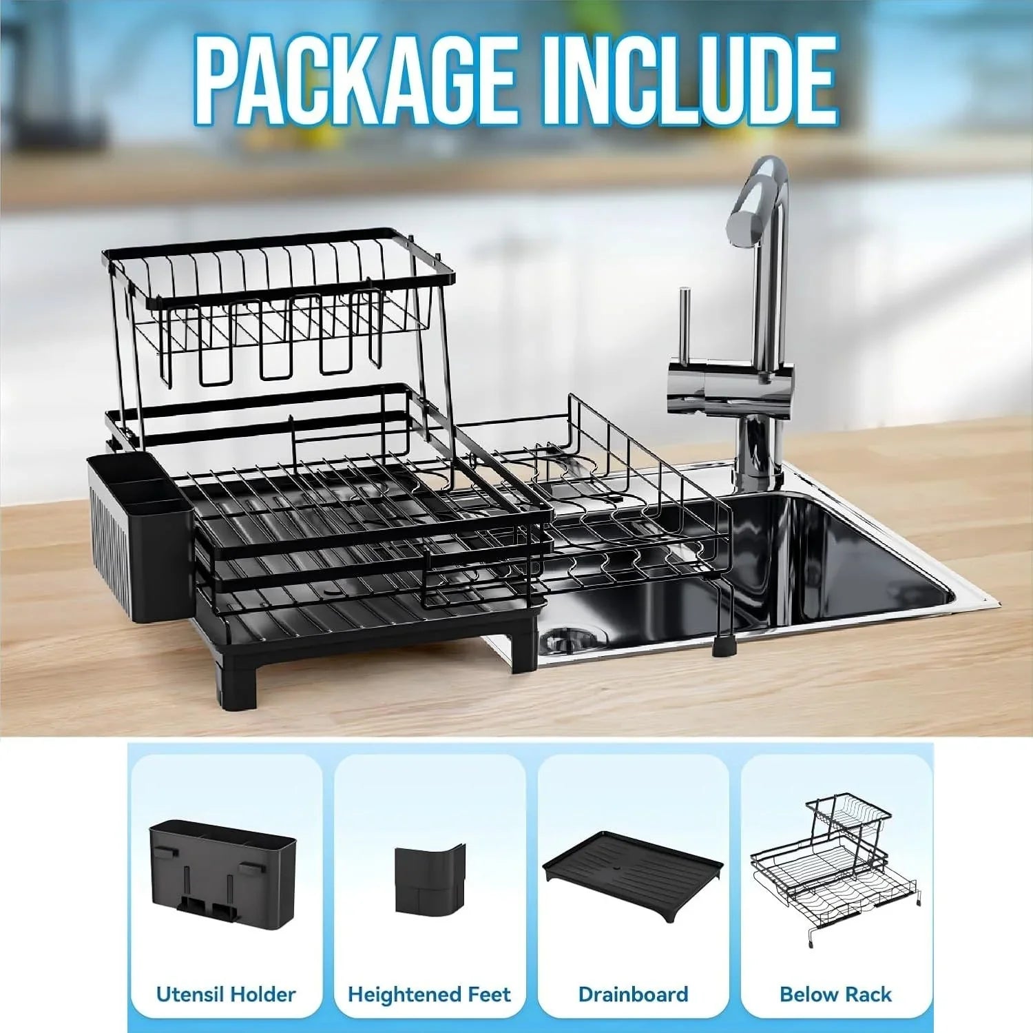 Expandable Dish Drying Rack with Drainage Spout, Utensil Holder & Drainboardfor Kitchen Countertop Organizer (2 tier)