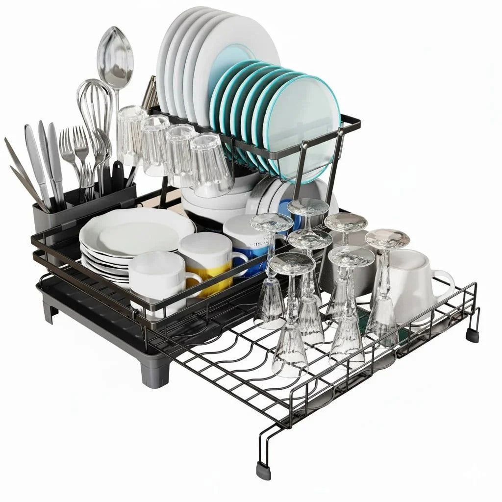 Expandable Dish Drying Rack with Drainage Spout, Utensil Holder & Drainboardfor Kitchen Countertop Organizer (2 tier)