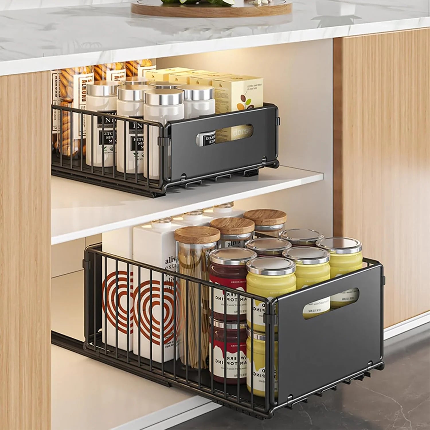 2 Pack Pullout Cabinet Kitchen Organizer Drawers with No-Drilling and Adhesive Design for Pantry & Cabinets