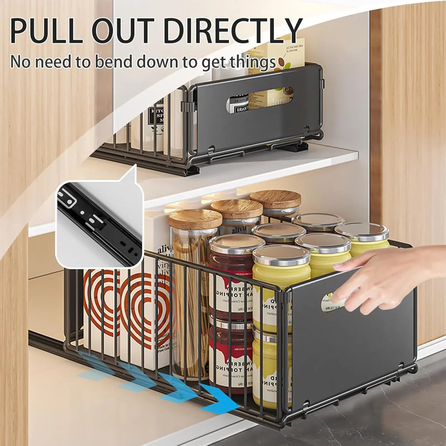 2 Pack Pullout Cabinet Kitchen Organizer Drawers with No-Drilling and Adhesive Design for Pantry & Cabinets