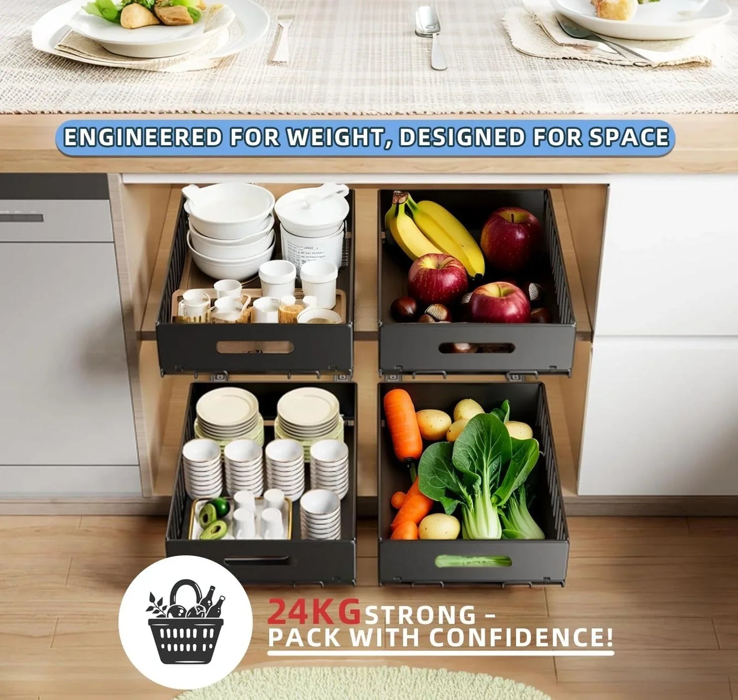 2 Pack Pullout Cabinet Kitchen Organizer Drawers with No-Drilling and Adhesive Design for Pantry & Cabinets