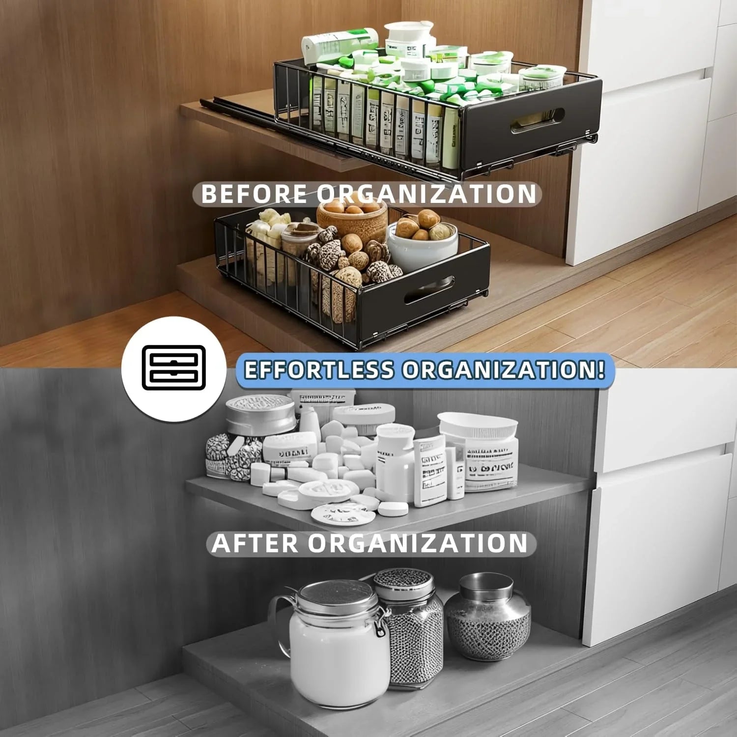 2 Pack Pullout Cabinet Kitchen Organizer Drawers with No-Drilling and Adhesive Design for Pantry & Cabinets