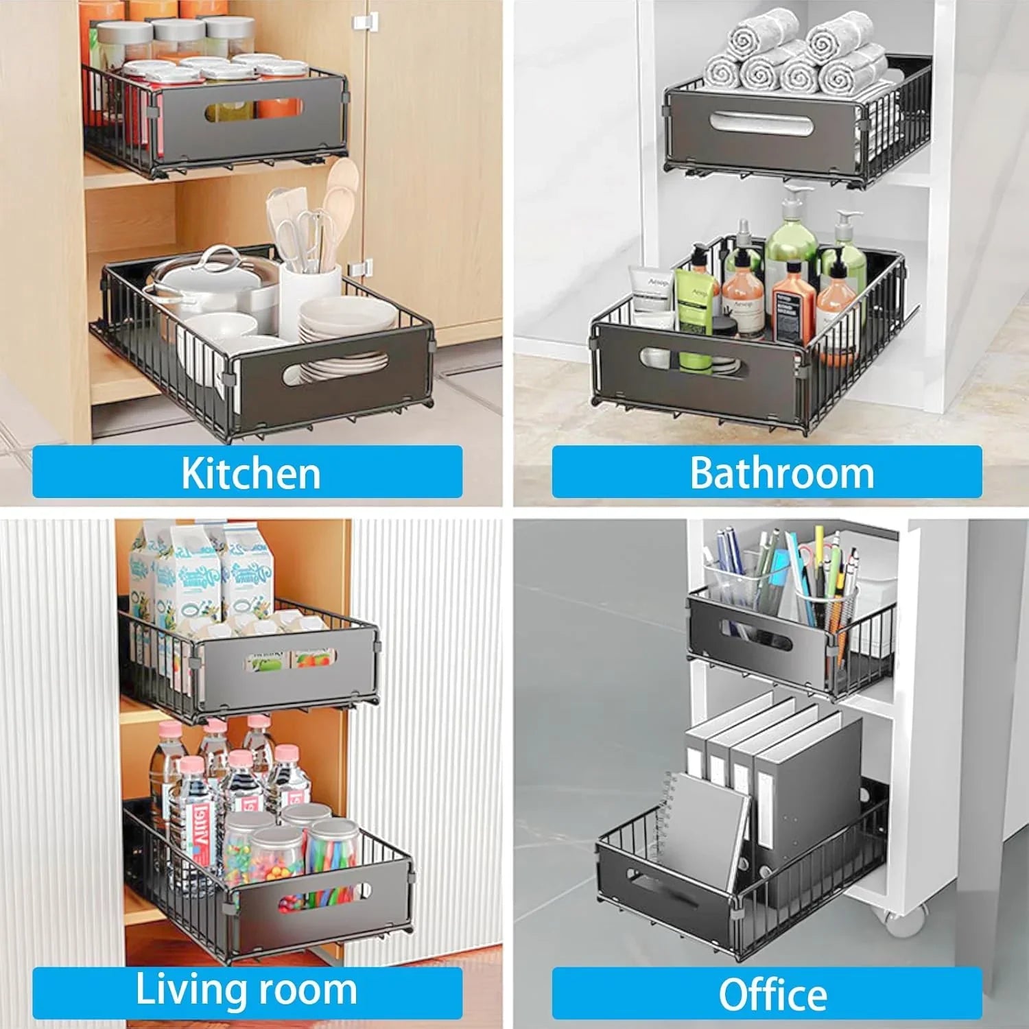 2 Pack Pullout Cabinet Kitchen Organizer Drawers with No-Drilling and Adhesive Design for Pantry & Cabinets