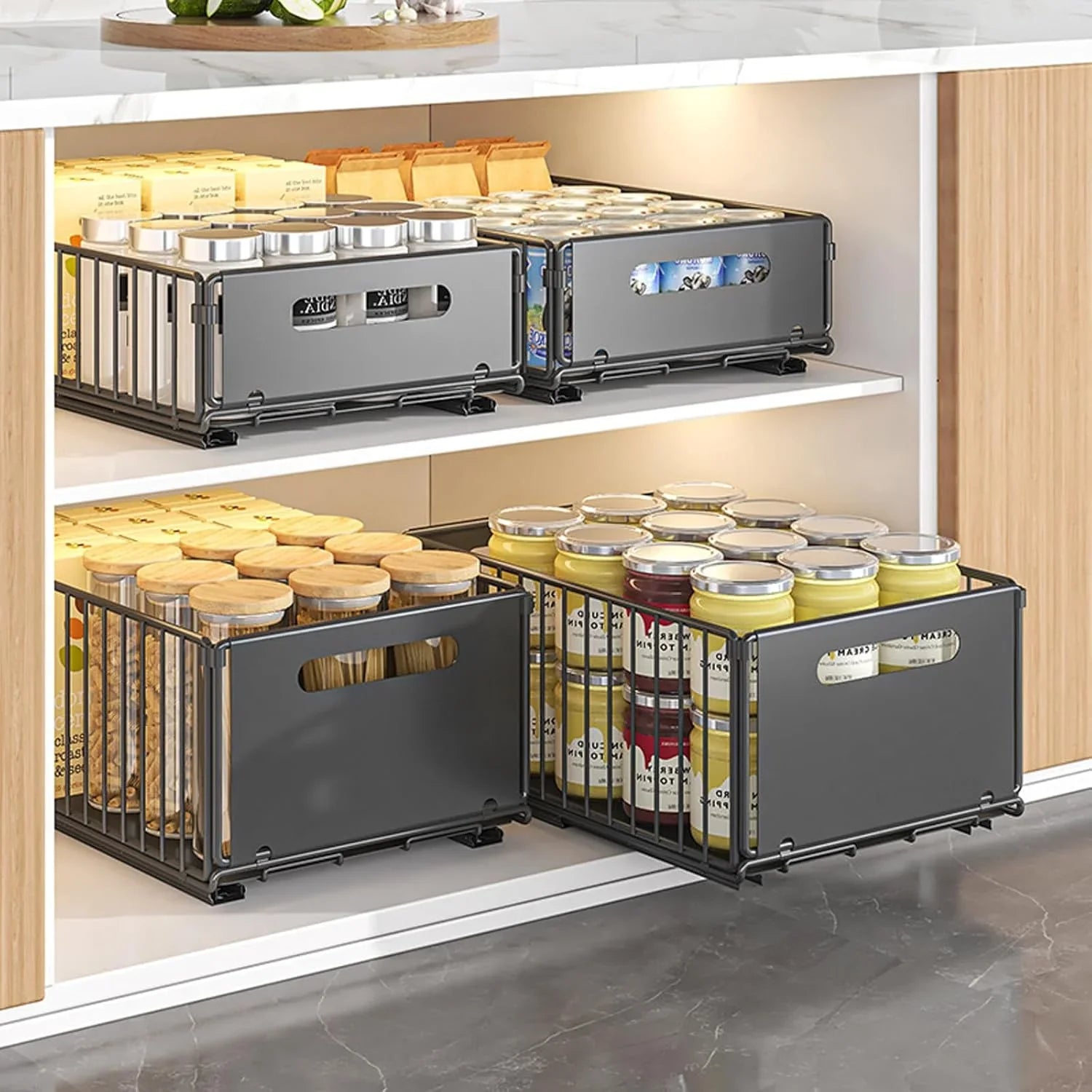 2 Pack Pullout Cabinet Kitchen Organizer Drawers with No-Drilling and Adhesive Design for Pantry & Cabinets