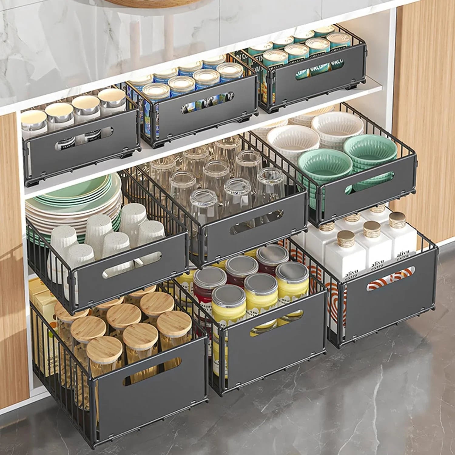 2 Pack Pullout Cabinet Kitchen Organizer Drawers with No-Drilling and Adhesive Design for Pantry & Cabinets