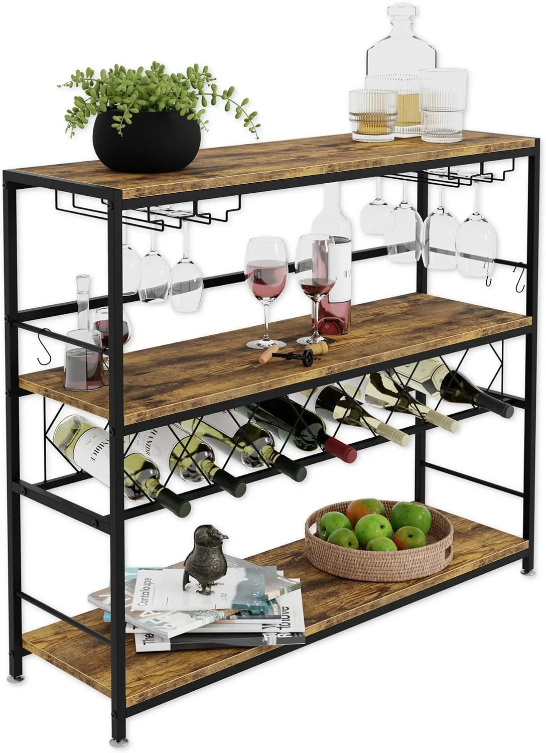 Large Wine Rack with Glass Holder, Metal Designed Bottle Holder and Wood Countertop for Wine & Champagne