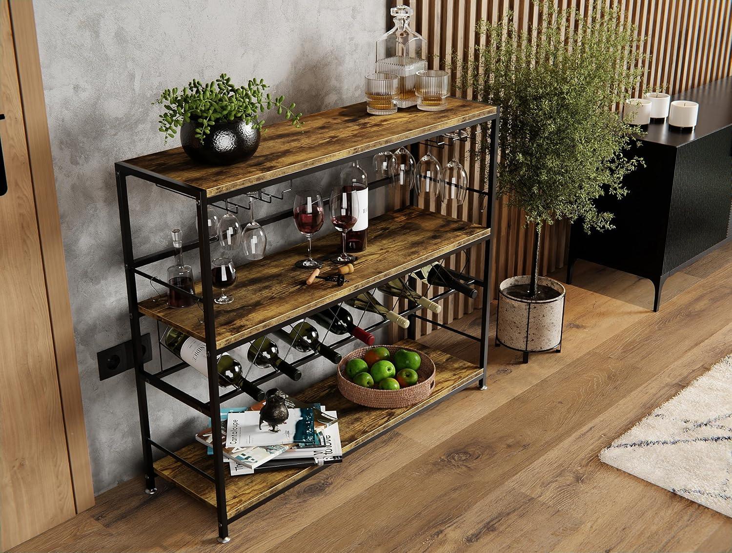 Large Wine Rack with Glass Holder, Metal Designed Bottle Holder and Wood Countertop for Wine & Champagne