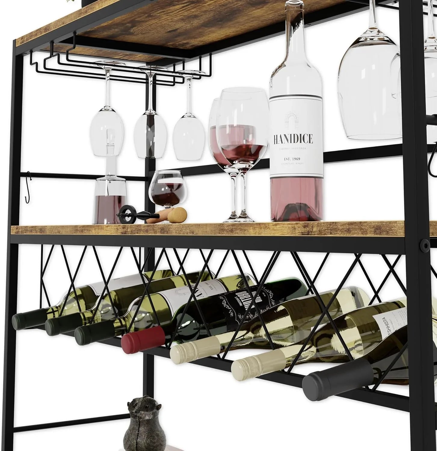 Large Wine Rack with Glass Holder, Metal Designed Bottle Holder and Wood Countertop for Wine & Champagne