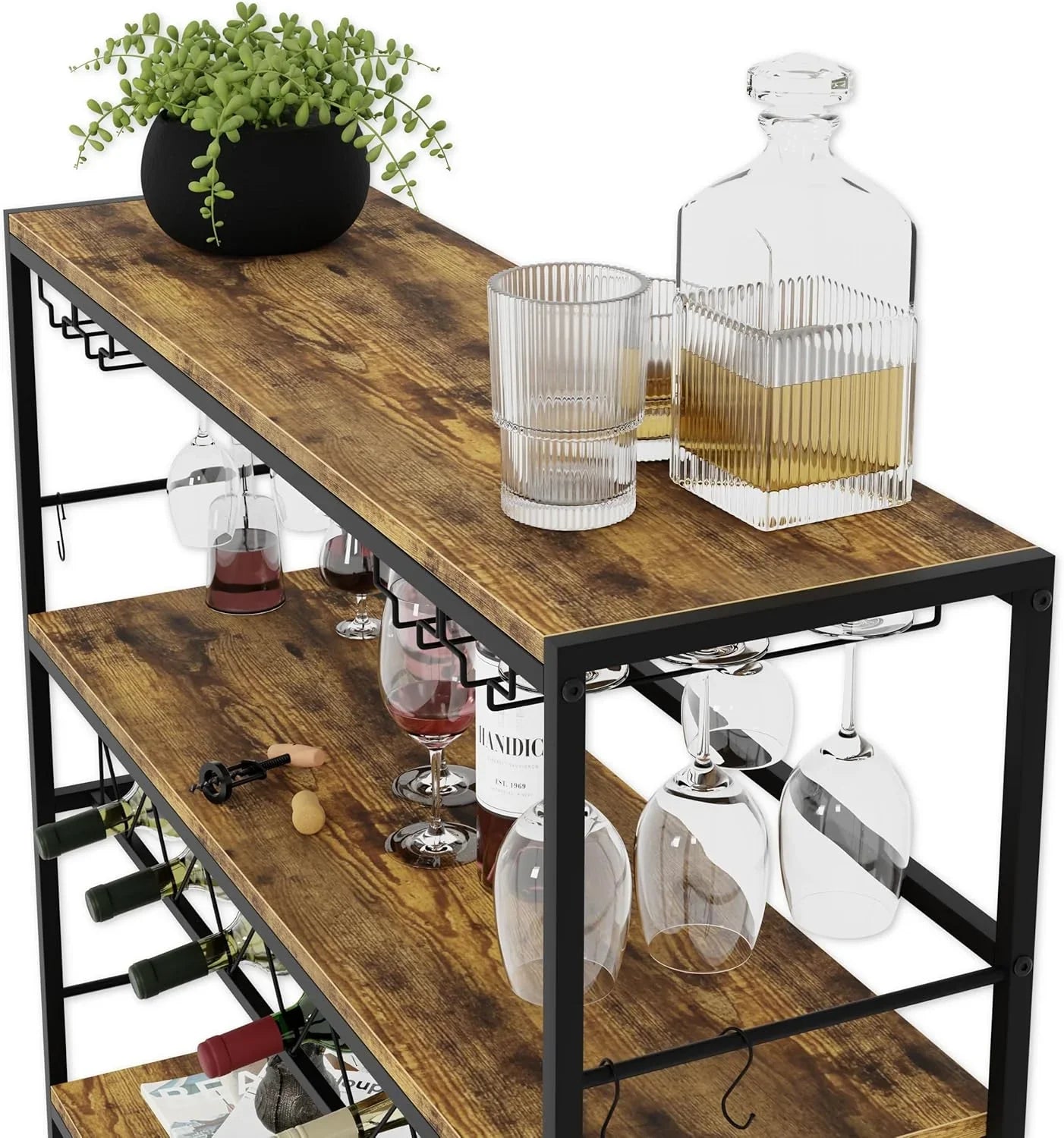 Large Wine Rack with Glass Holder, Metal Designed Bottle Holder and Wood Countertop for Wine & Champagne