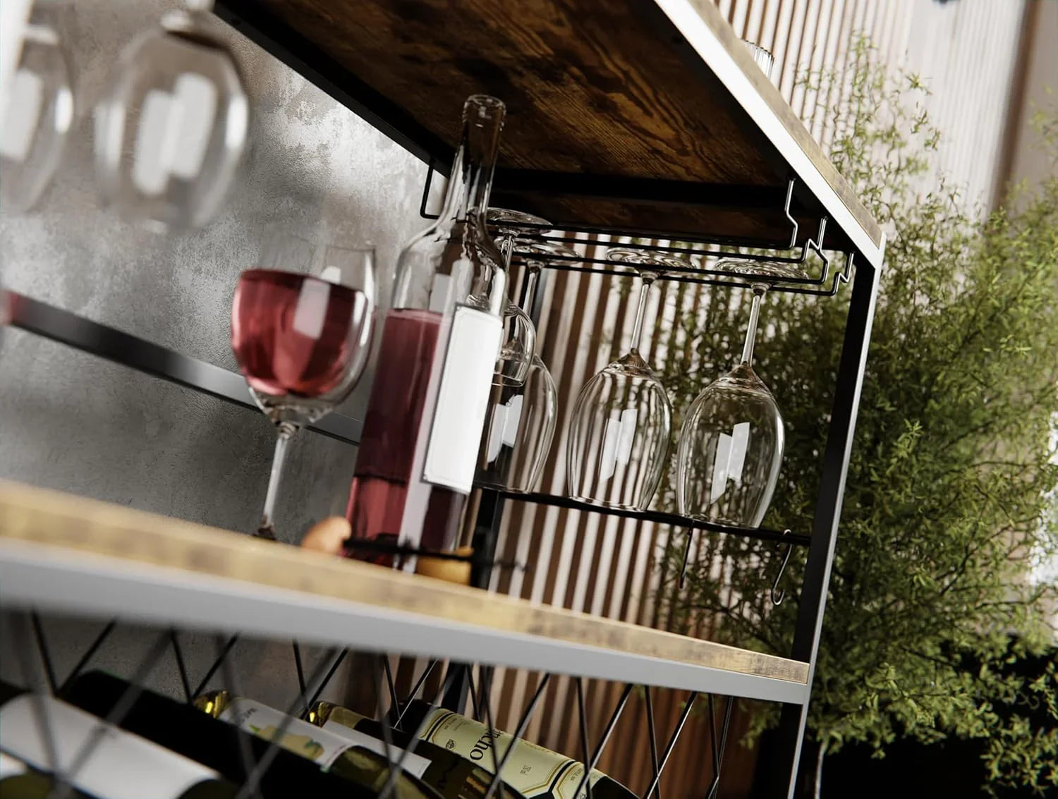 Large Wine Rack with Glass Holder, Metal Designed Bottle Holder and Wood Countertop for Wine & Champagne
