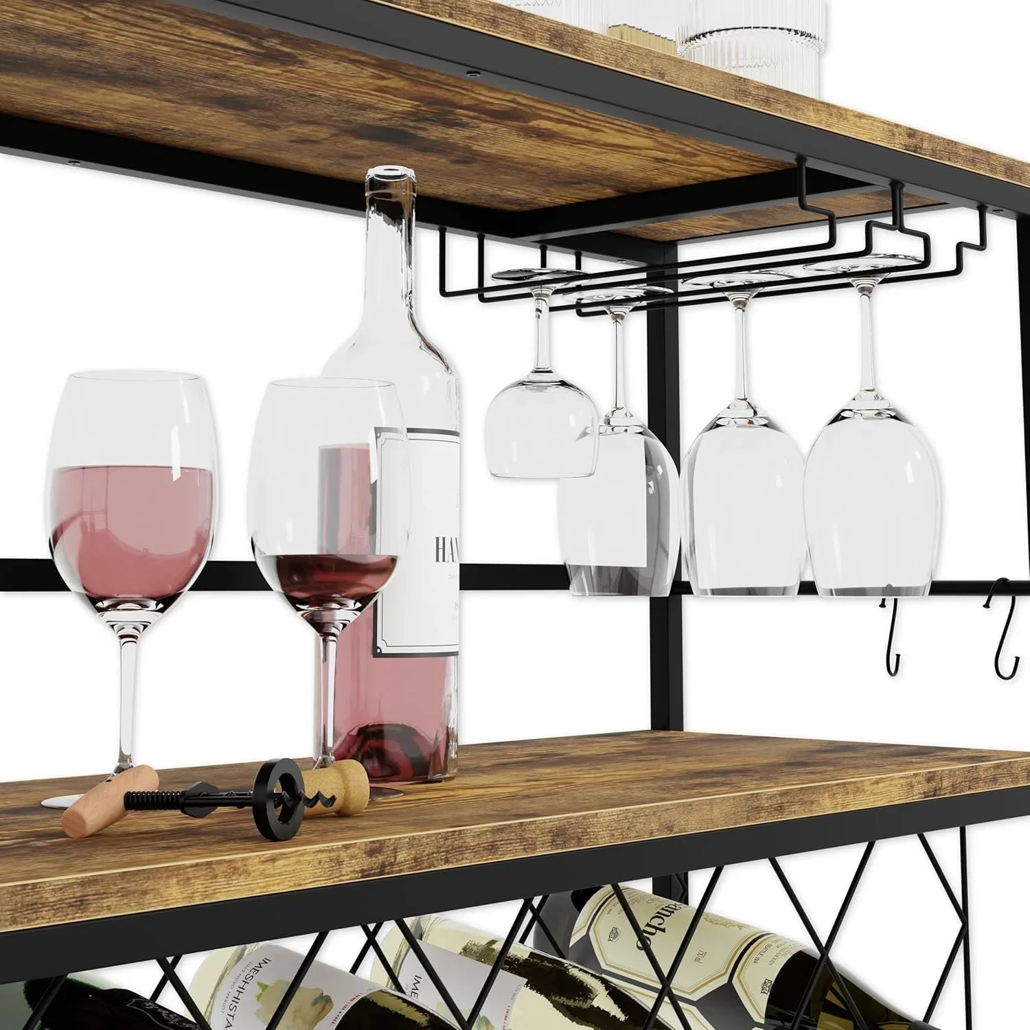 Large Wine Rack with Glass Holder, Metal Designed Bottle Holder and Wood Countertop for Wine & Champagne