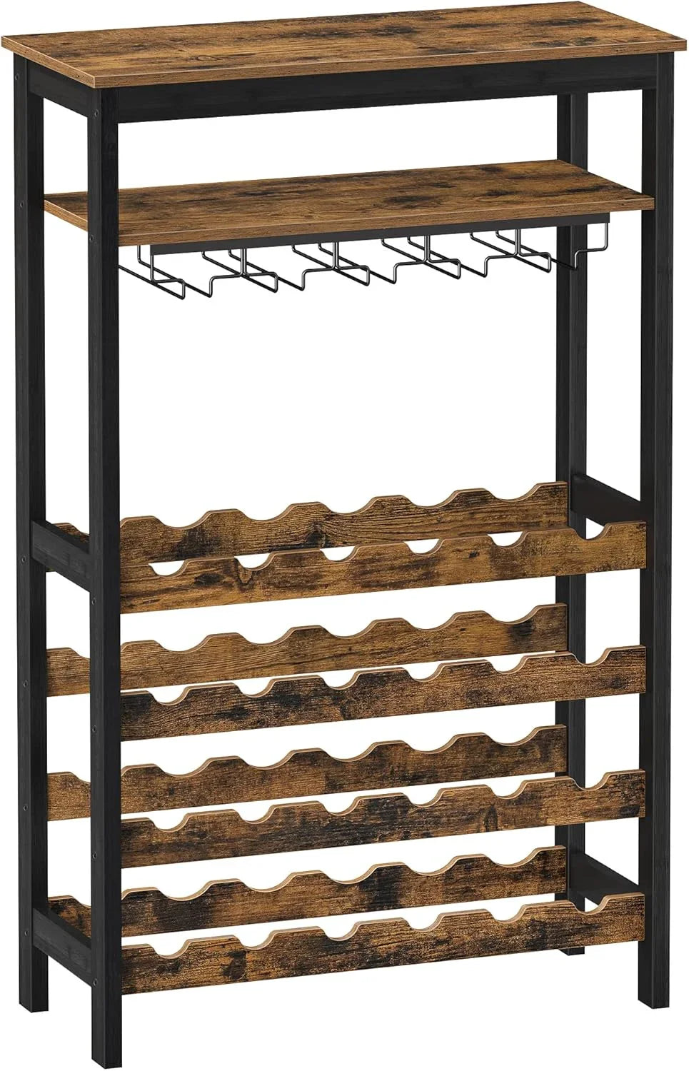 Large Wine Rack with Glass Holder, Metal Designed Bottle Holder and Wood Countertop up to Wine & Champagne Bottles