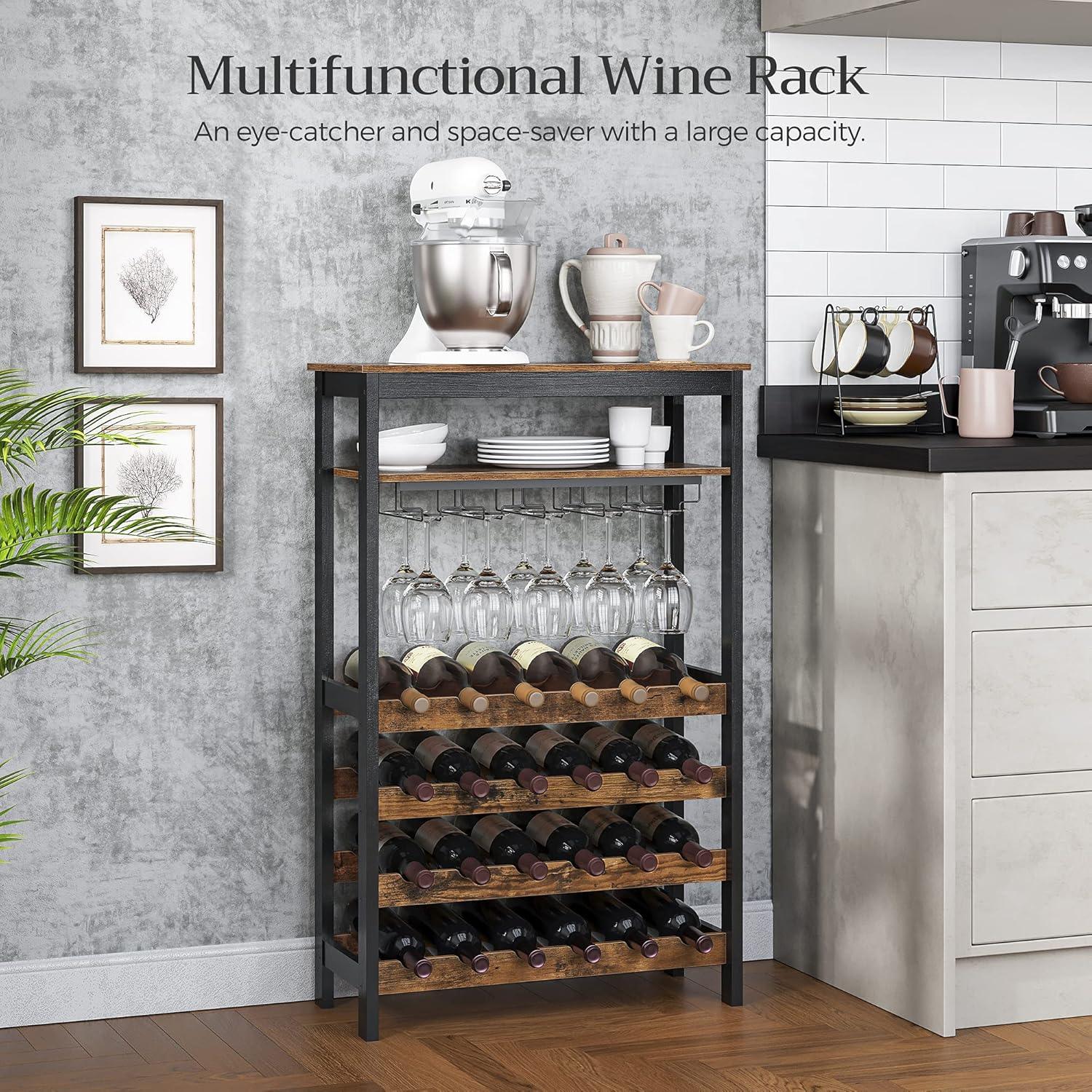 Large Wine Rack with Glass Holder, Metal Designed Bottle Holder and Wood Countertop up to Wine & Champagne Bottles