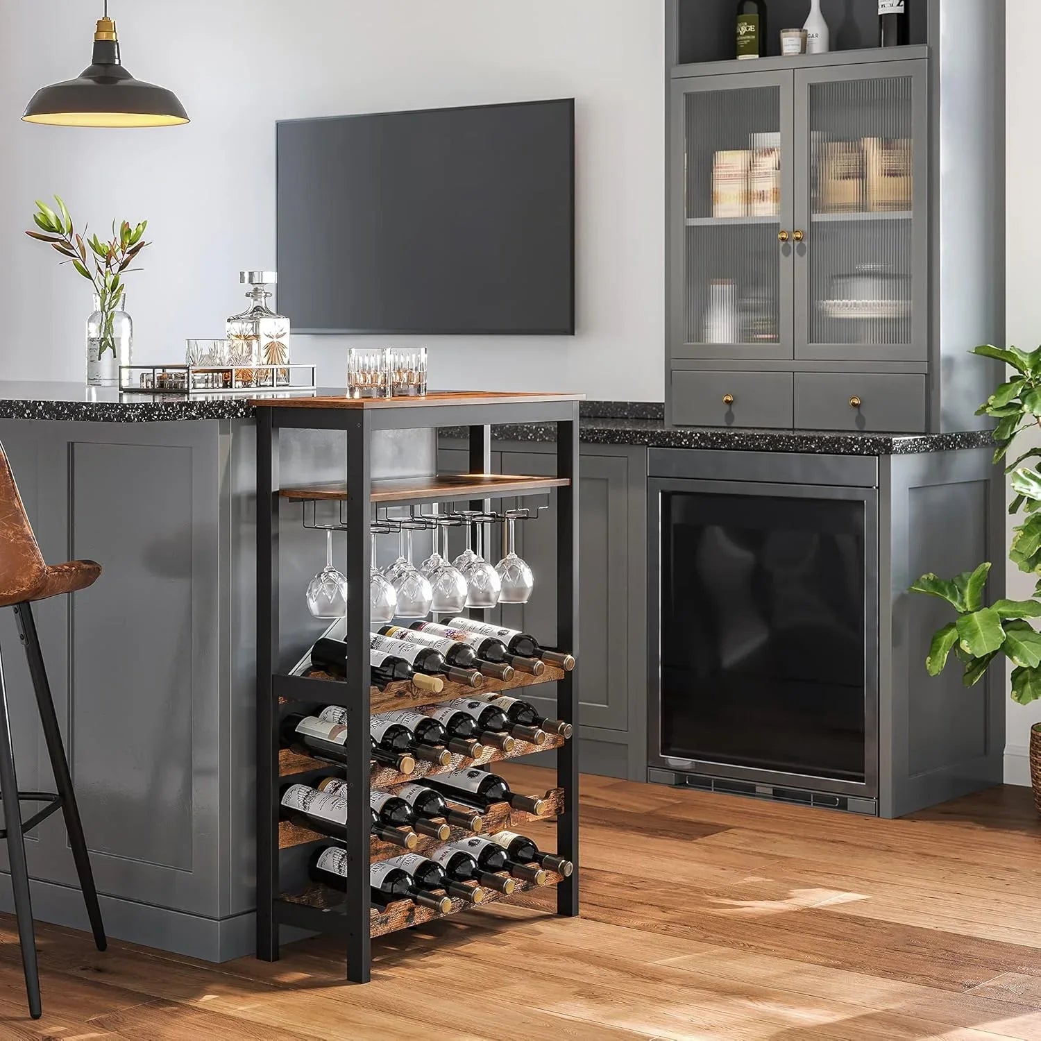 Large Wine Rack with Glass Holder, Metal Designed Bottle Holder and Wood Countertop up to Wine & Champagne Bottles
