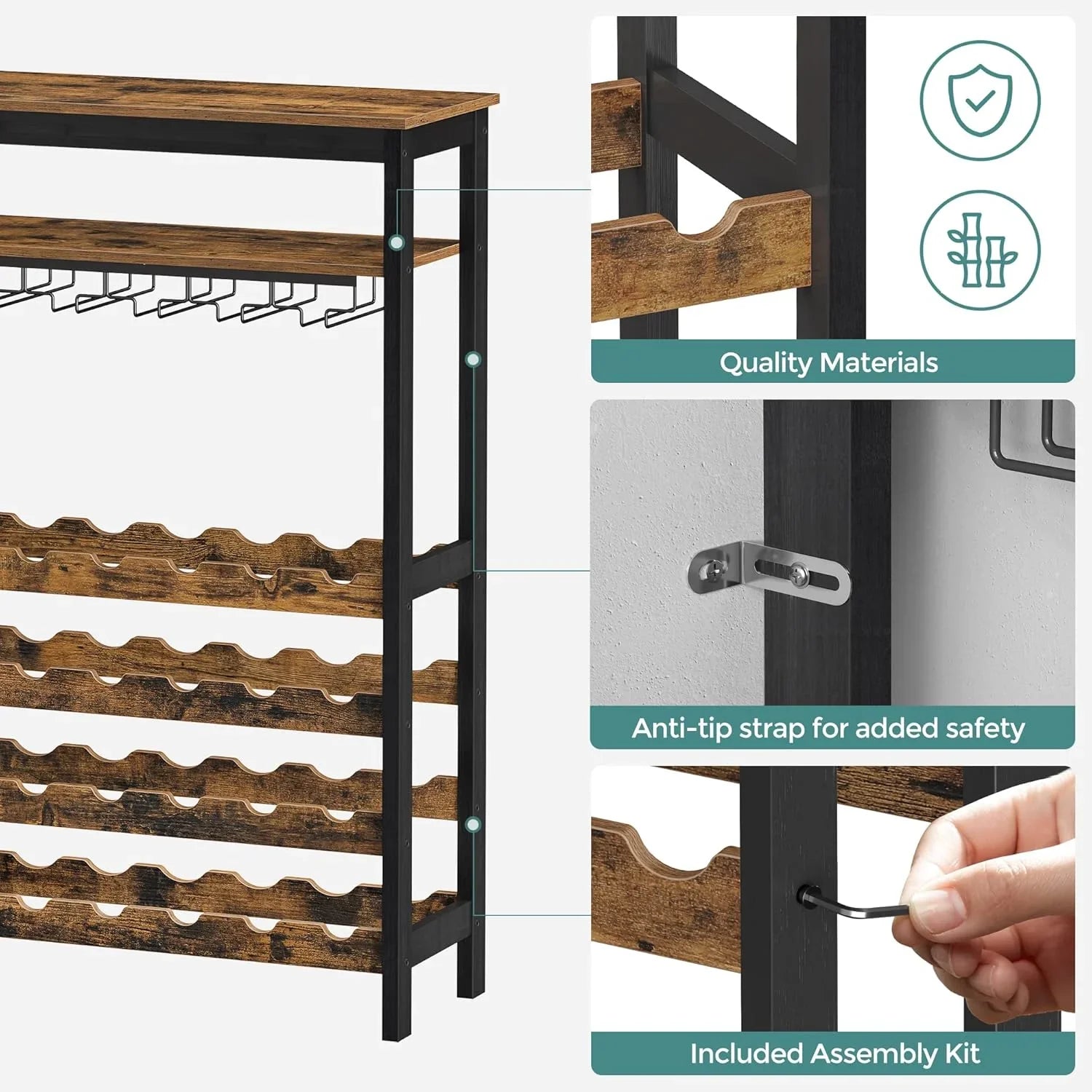 Large Wine Rack with Glass Holder, Metal Designed Bottle Holder and Wood Countertop up to Wine & Champagne Bottles
