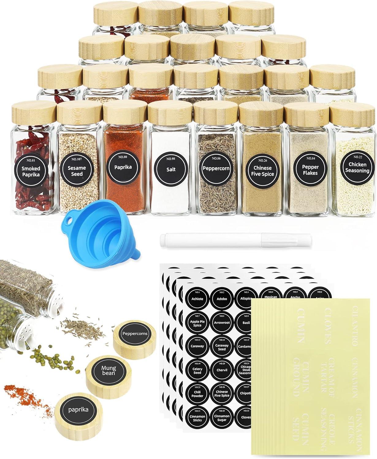 24 Glass Spice Jars with Bamboo Lids, Shaker Tops, 180 Spice Labels, White Pen & Funnel for Kitchen Organization, Spice Rack, Seasoning & Herb Storage