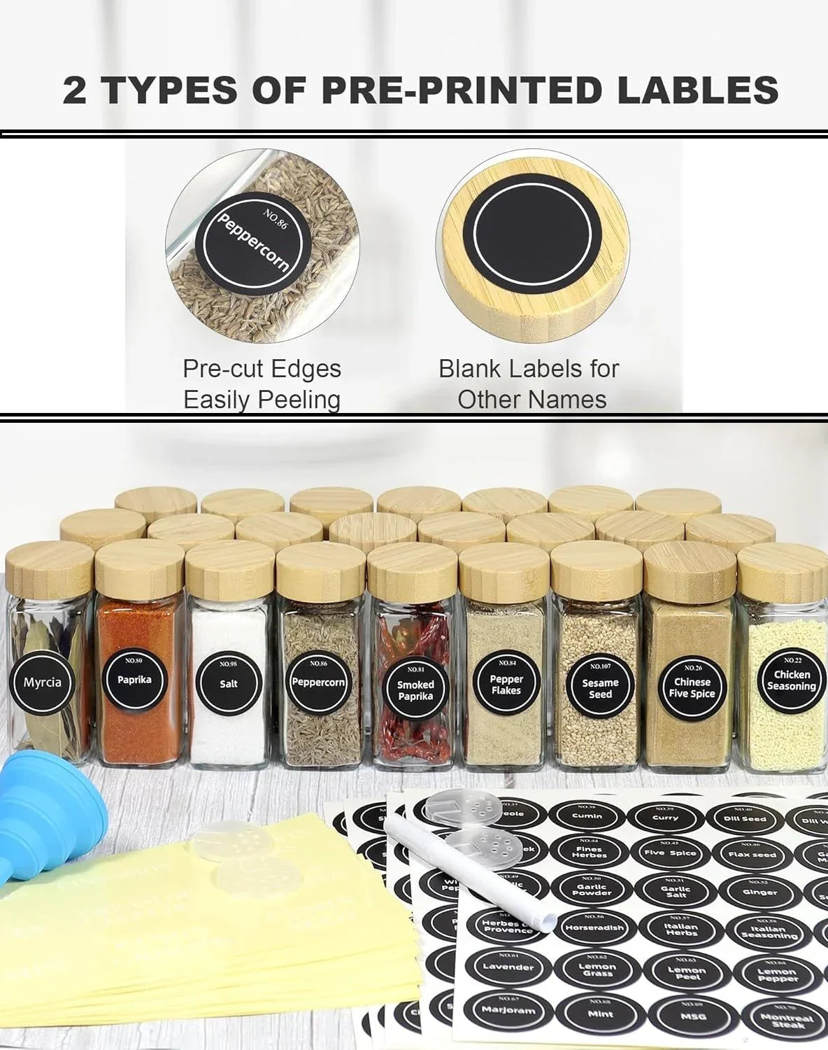 24 Glass Spice Jars with Bamboo Lids, Shaker Tops, 180 Spice Labels, White Pen & Funnel for Kitchen Organization, Spice Rack, Seasoning & Herb Storage
