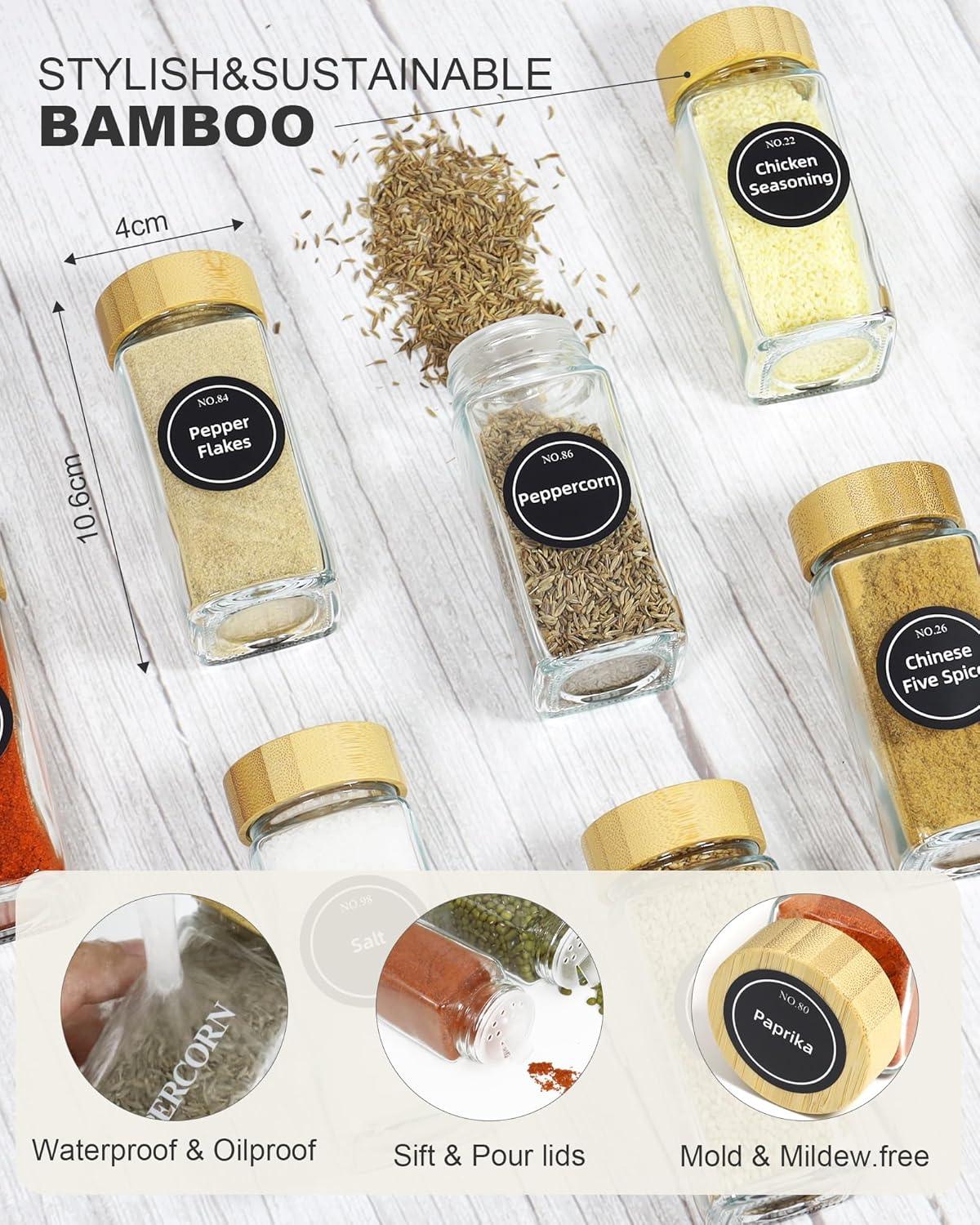 24 Glass Spice Jars with Bamboo Lids, Shaker Tops, 180 Spice Labels, White Pen & Funnel for Kitchen Organization, Spice Rack, Seasoning & Herb Storage