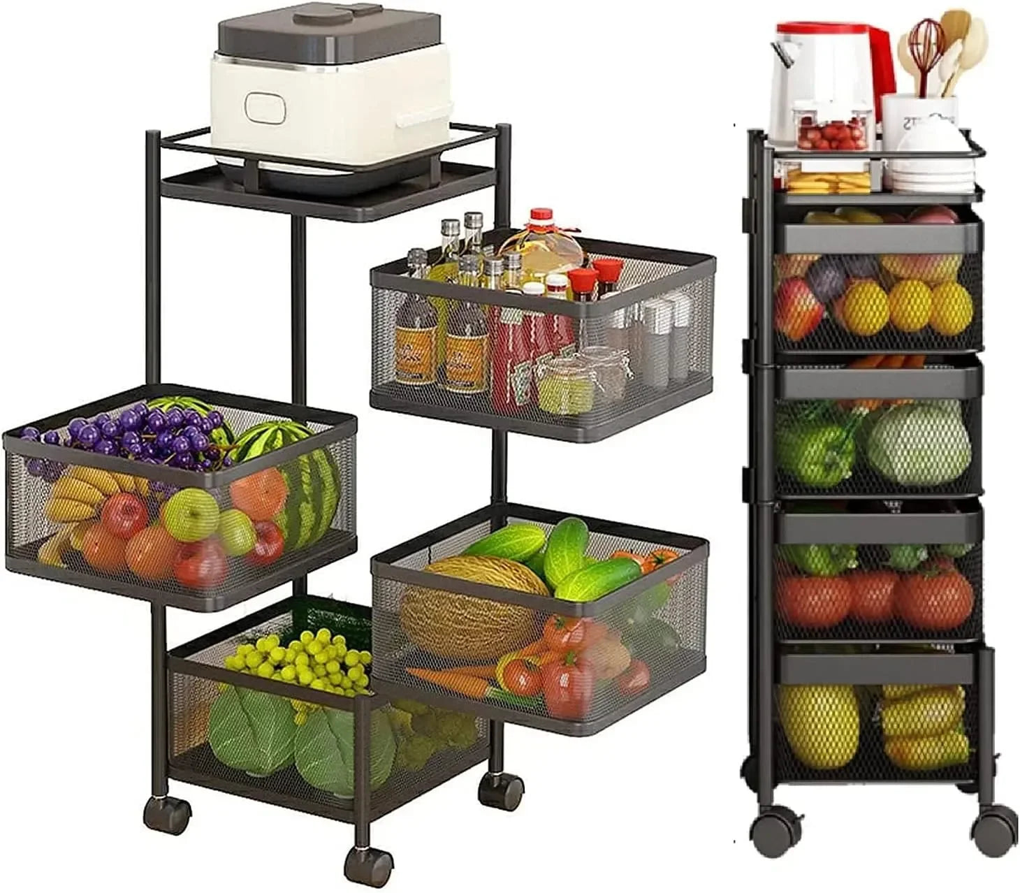 Metal 5-Tier Rolling Vegetable and Fruit Basket Cart Stand for Kitchen & Storage