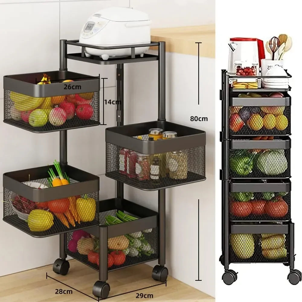 Metal 5-Tier Rolling Vegetable and Fruit Basket Cart Stand for Kitchen & Storage