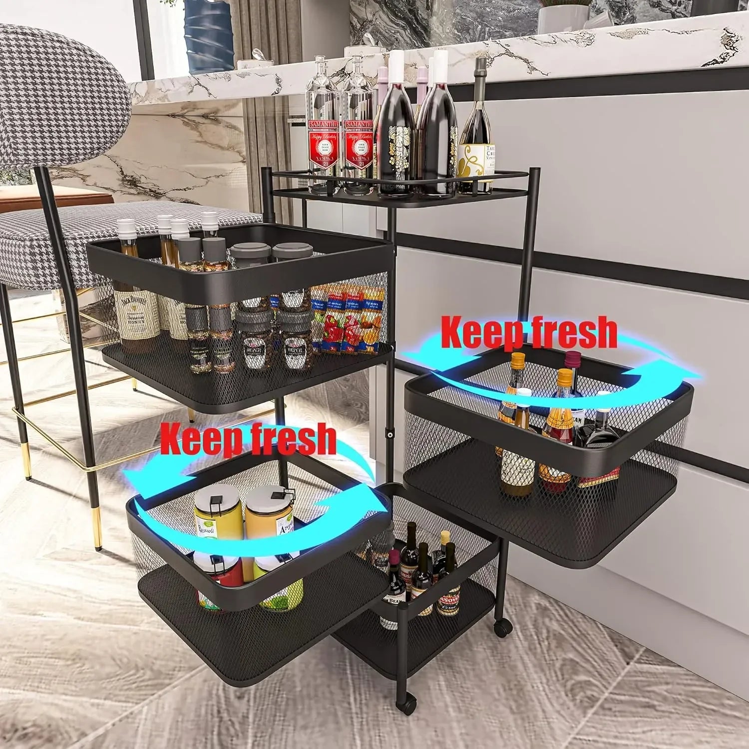 Metal 5-Tier Rolling Vegetable and Fruit Basket Cart Stand for Kitchen & Storage