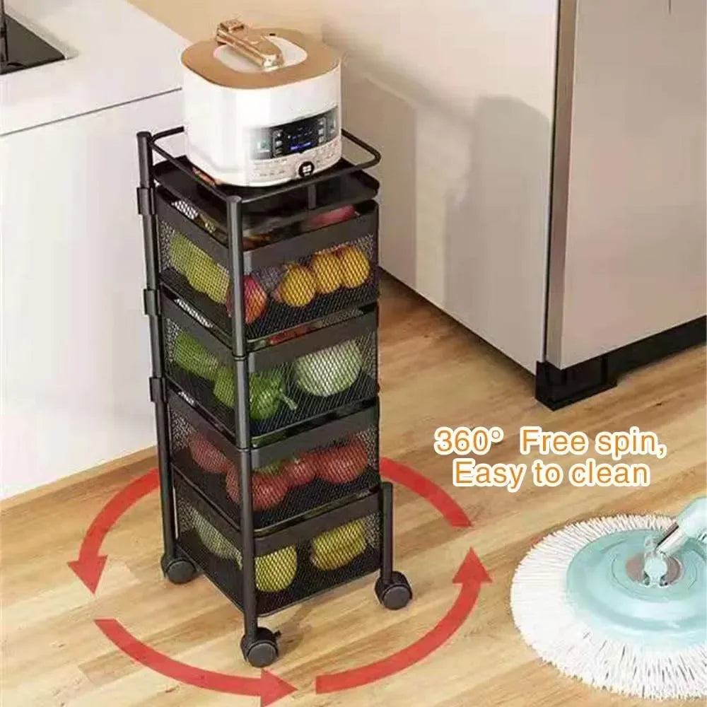 Metal 5-Tier Rolling Vegetable and Fruit Basket Cart Stand for Kitchen & Storage