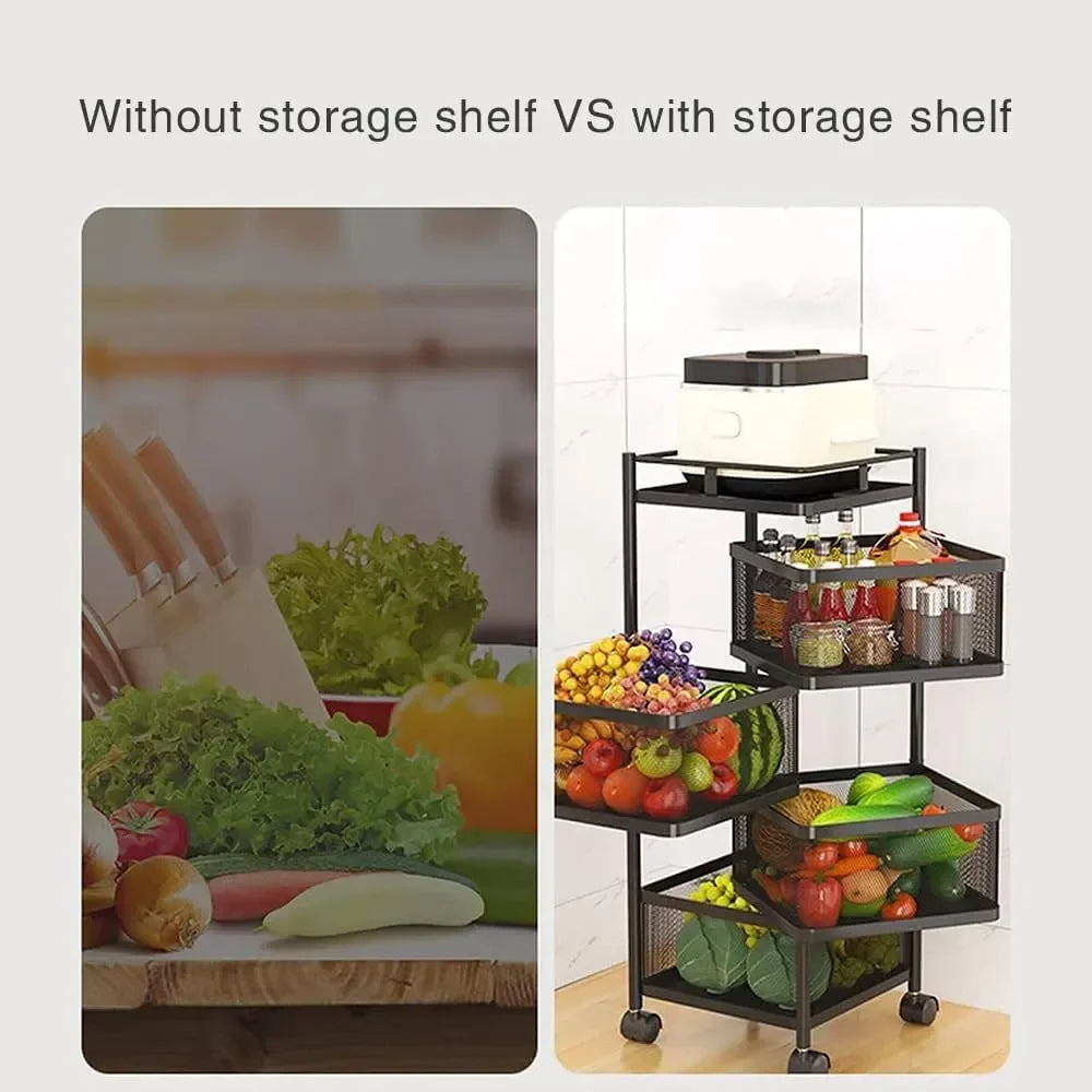 Metal 5-Tier Rolling Vegetable and Fruit Basket Cart Stand for Kitchen & Storage