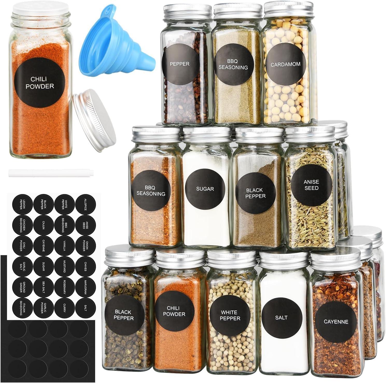 24 Glass Spice Jars with Lids, Shaker Tops, 180 Spice Labels, White Pen & Funnel for Kitchen Organization, Spice Rack, Seasoning & Herb Storage