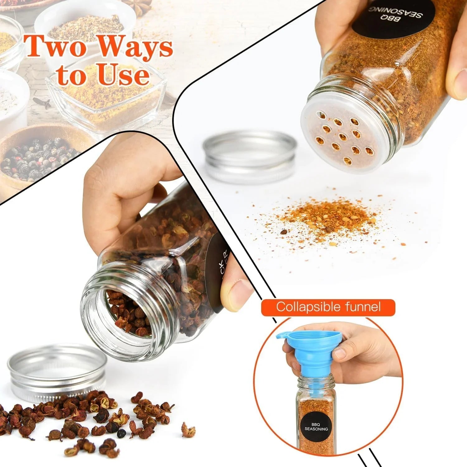 24 Glass Spice Jars with Lids, Shaker Tops, 180 Spice Labels, White Pen & Funnel for Kitchen Organization, Spice Rack, Seasoning & Herb Storage