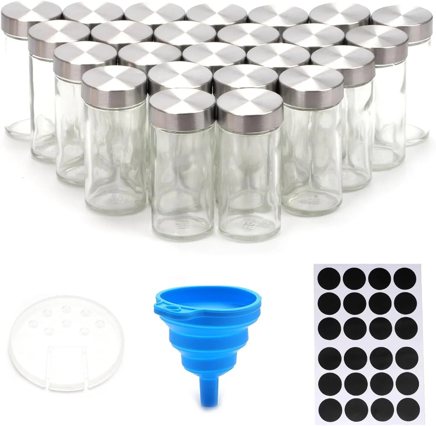 24 Glass Spice Jars with Lids, Shaker Tops, 180 Spice Labels, White Pen & Funnel for Kitchen Organization, Spice Rack, Seasoning & Herb Storage