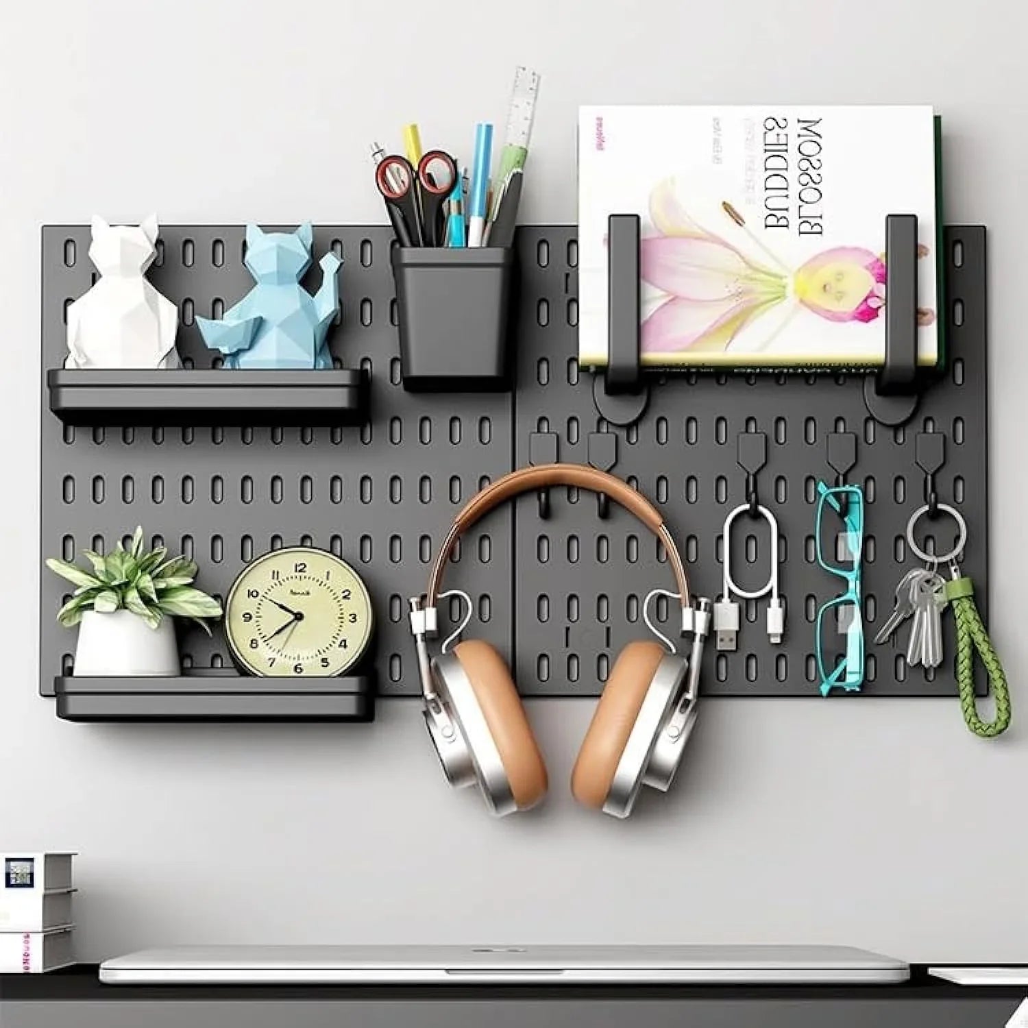 Pegboard Wall Organizer Kit – 2 Black Modular Pegboards with 10 Accessories for Office, Gaming & Home Storage