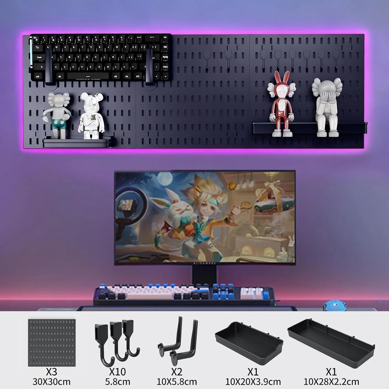 Pegboard Wall Organizer Kit with 3 Modular Black Panels & 17 Accessories for Gaming, Office & Craft Storage