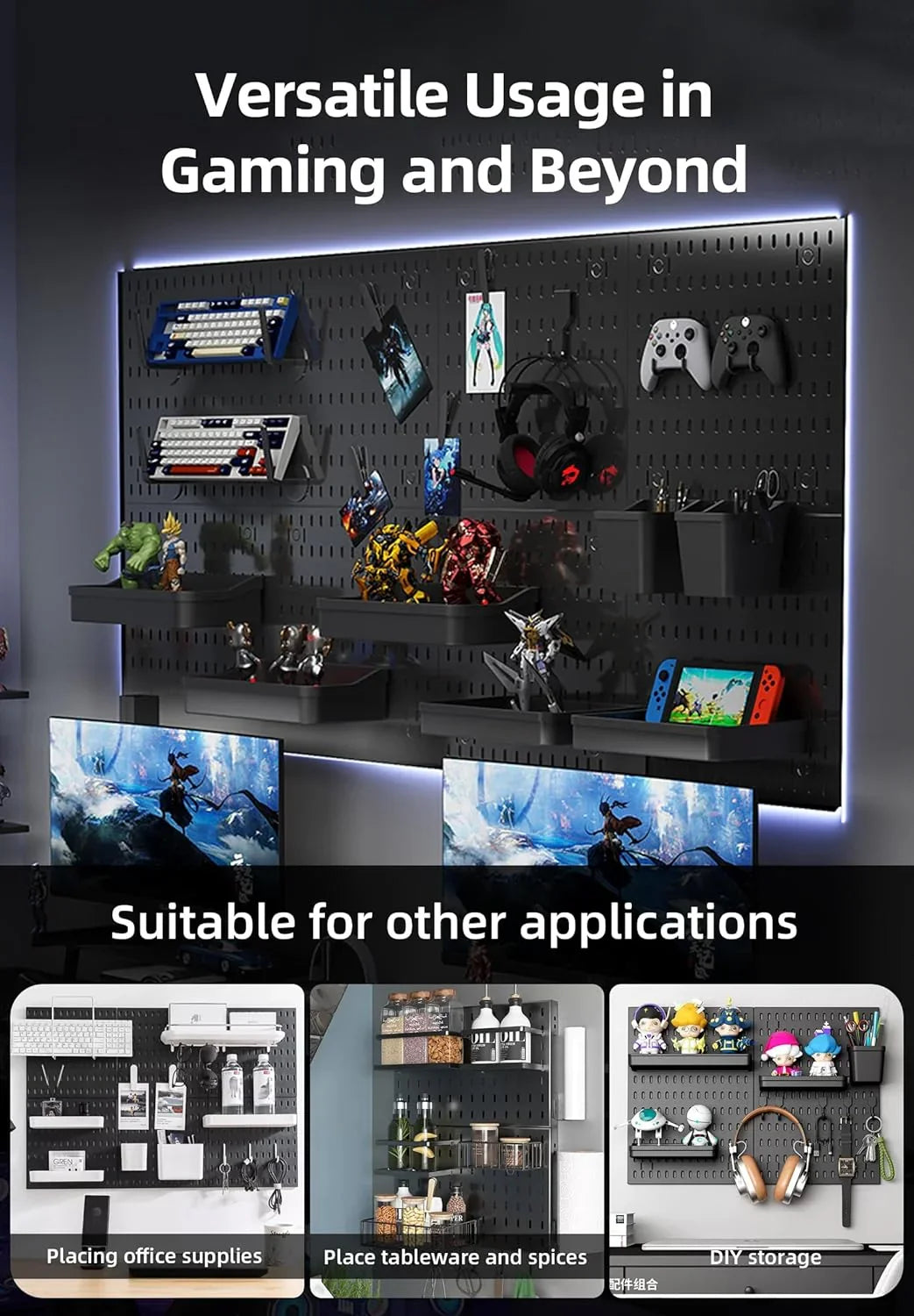 Pegboard Wall Organizer Kit with 3 Modular Black Panels & 17 Accessories for Gaming, Office & Craft Storage