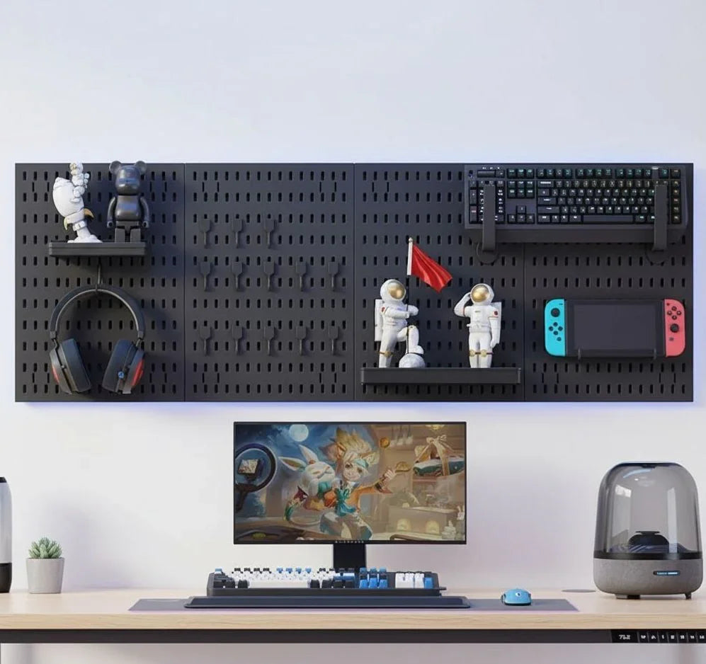 Pegboard Wall Organizer Kit with 4 Modular Black Pegboards & 19 Accessories for Gaming, Office & Craft Storage (Black)