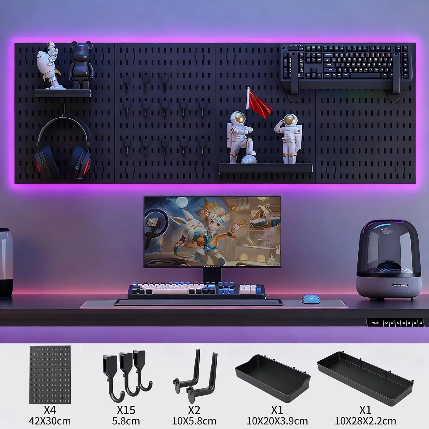 Pegboard Wall Organizer Kit with 4 Modular Black Pegboards & 19 Accessories for Gaming, Office & Craft Storage (Black)