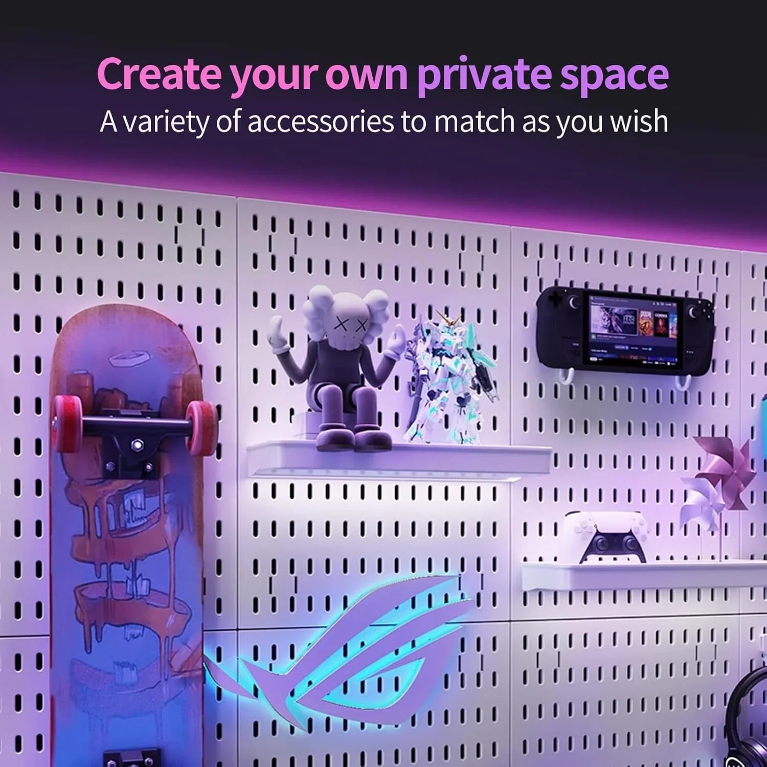 Pegboard Wall Organizer Kit with 4 Modular Black Pegboards & 19 Accessories for Gaming, Office & Craft Storage (White)