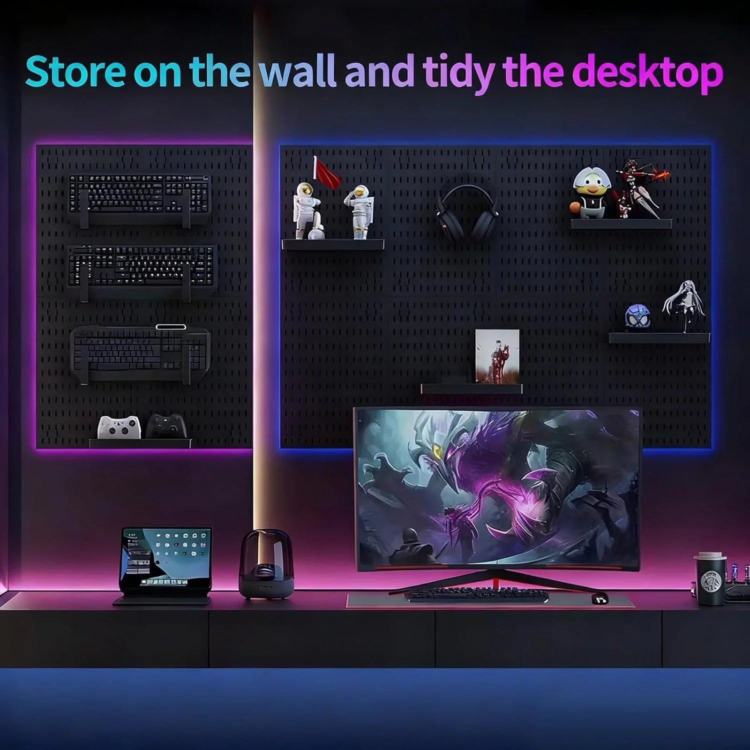 Pegboard Wall Organizer Kit with 4 Modular Black Pegboards & 19 Accessories for Gaming, Office & Craft Storage (White)