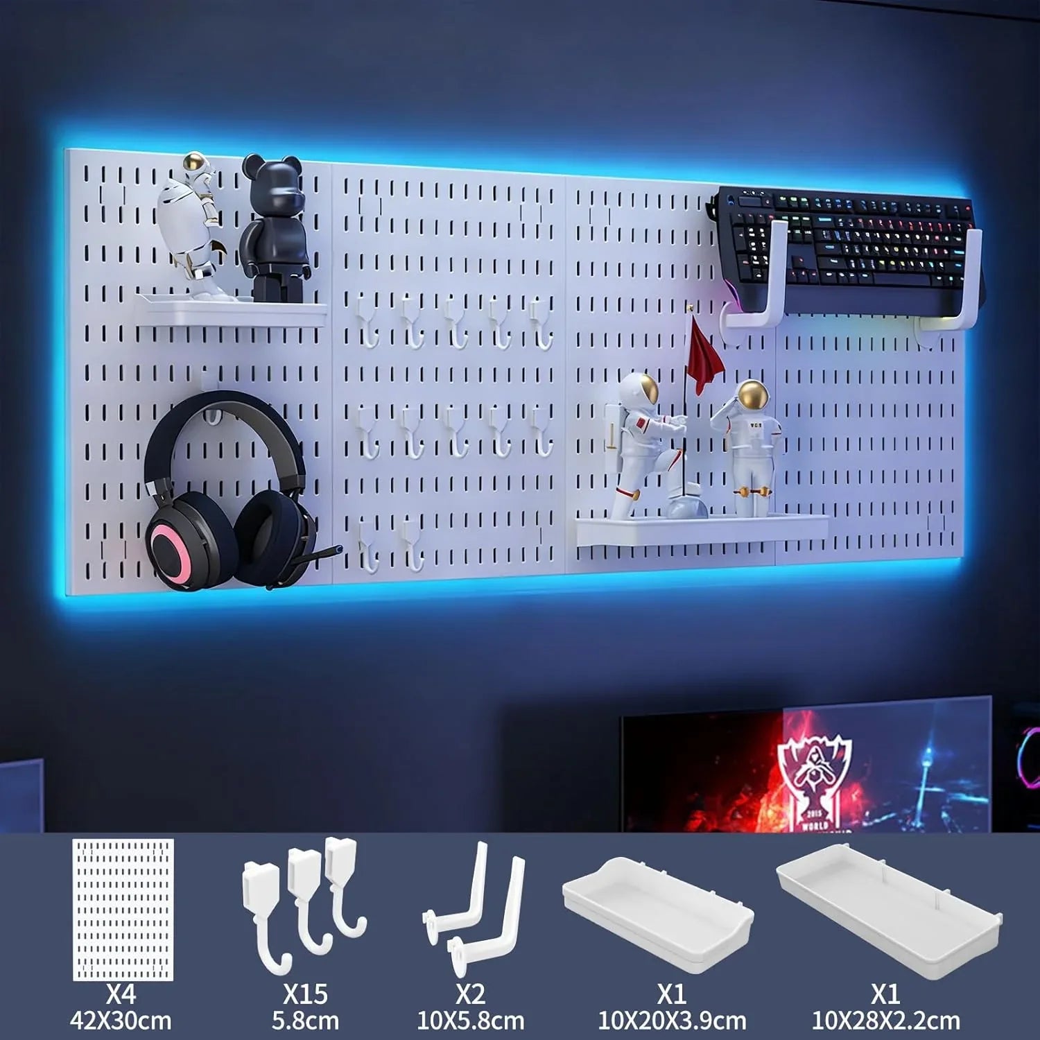 Pegboard Wall Organizer Kit with 4 Modular Black Pegboards & 19 Accessories for Gaming, Office & Craft Storage (White)