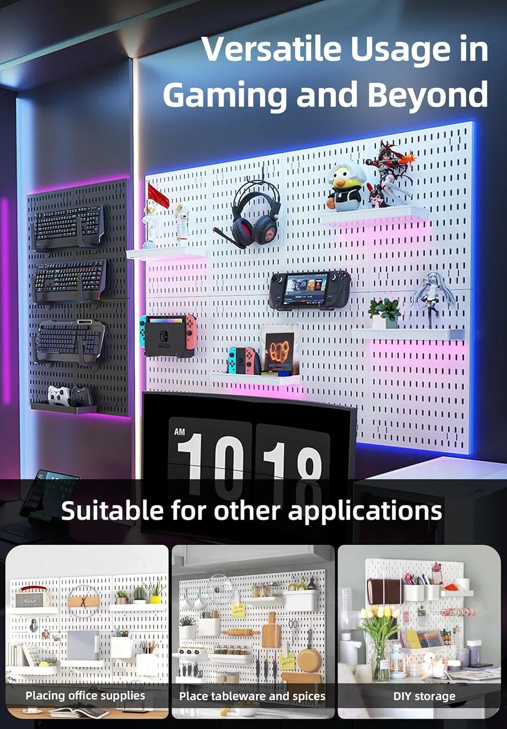 Pegboard Wall Organizer Kit with 4 Modular Black Pegboards & 19 Accessories for Gaming, Office & Craft Storage (White)