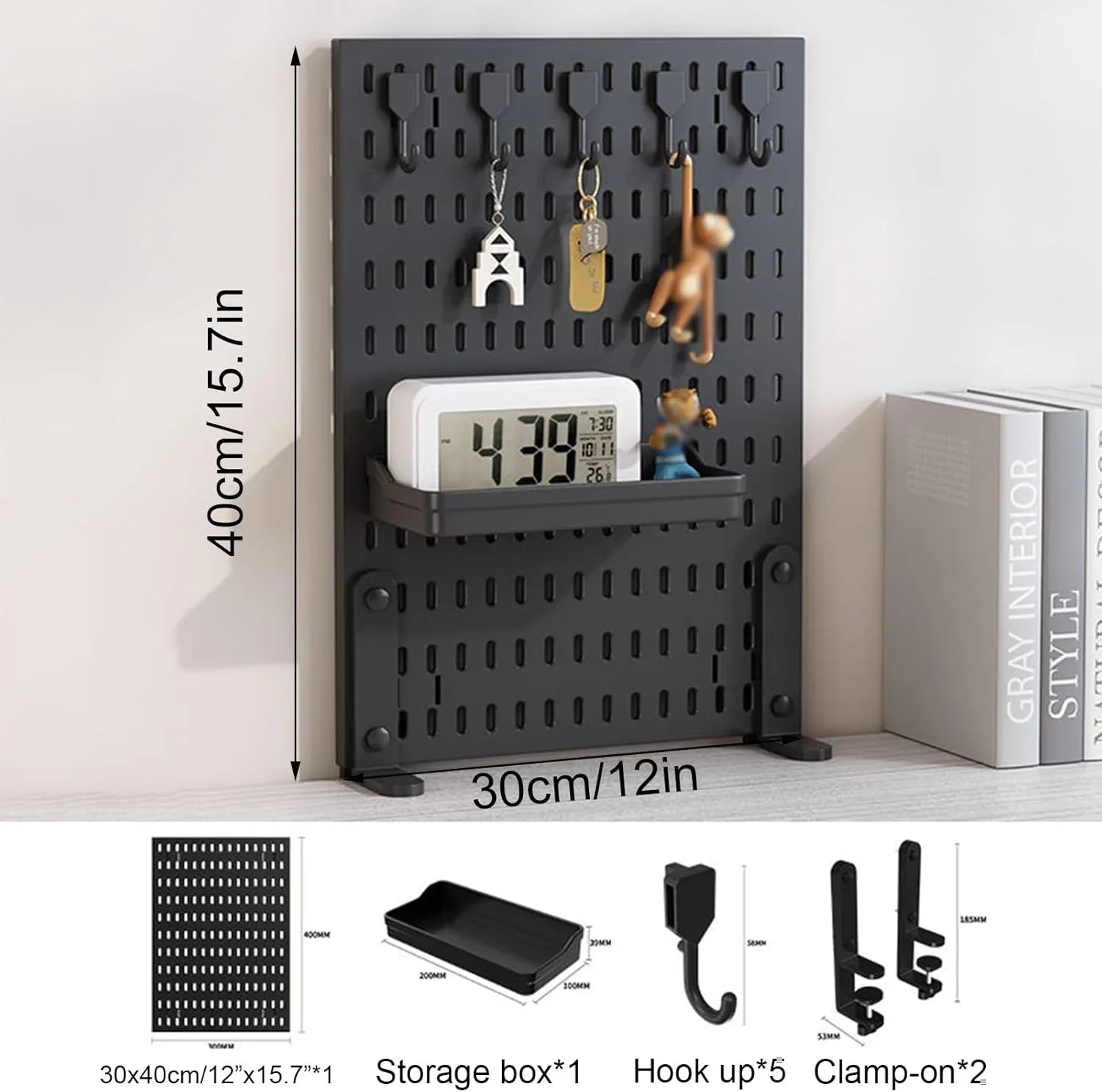 Desk Pegboard Organizer Kit  with Hooks, Tray & Mount Ideal for Office, Gaming Setup & Home Workspace Organization (Black)