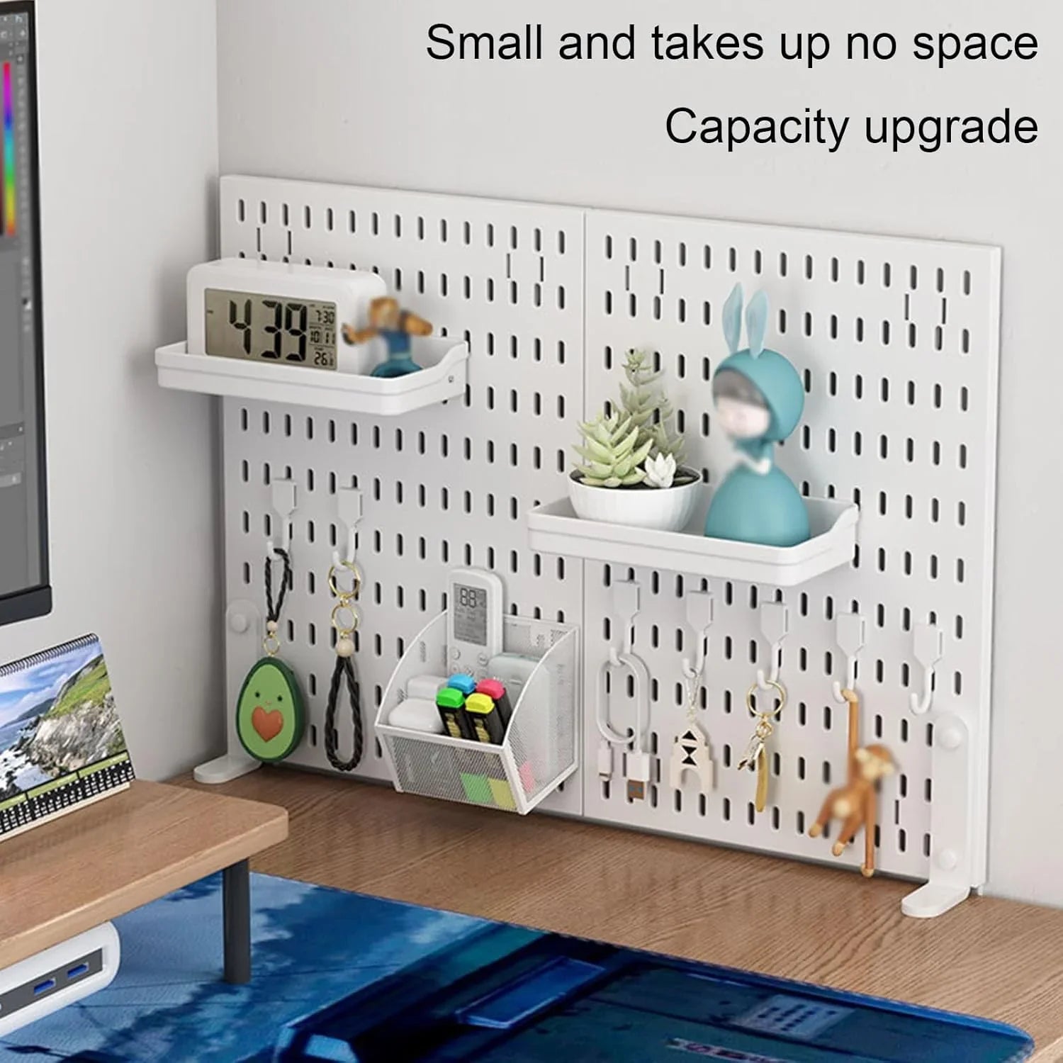 Desk Pegboard Organizer Kit  with Hooks, Tray & Mount Ideal for Office, Gaming Setup & Home Workspace Organization (White)