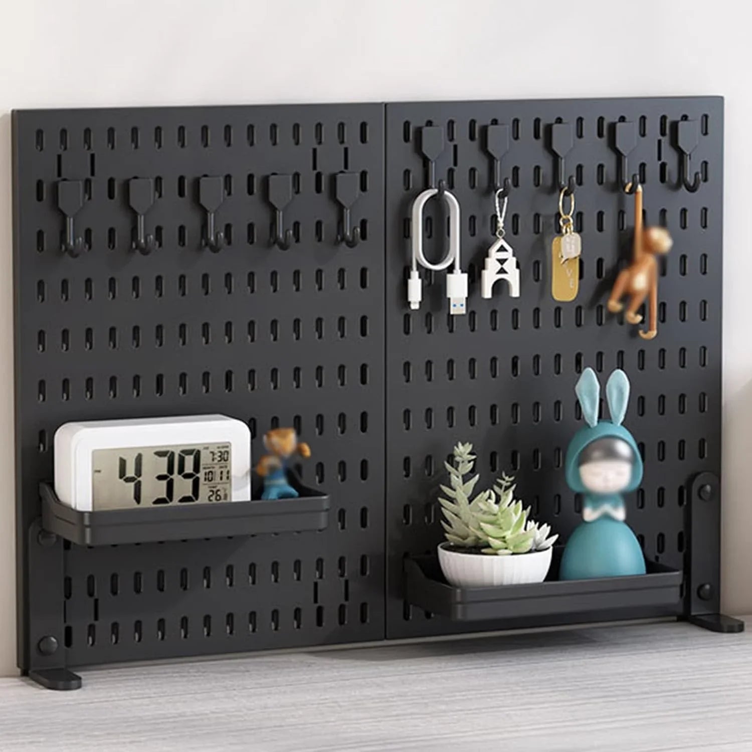 2 Pack Desk Pegboard Organizer Kit  with Hooks, Tray & Mount Ideal for Office, Gaming Setup & Home Workspace Organization (Black)