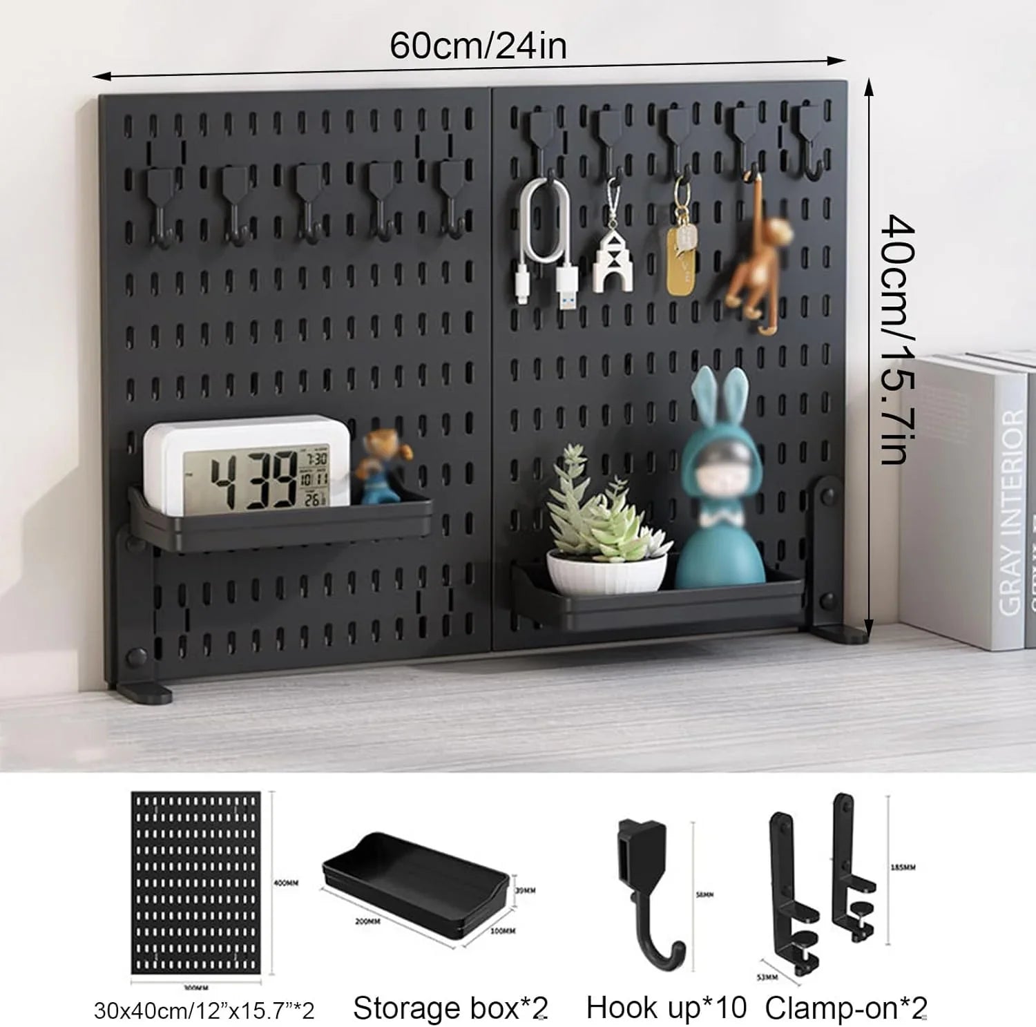 2 Pack Desk Pegboard Organizer Kit  with Hooks, Tray & Mount Ideal for Office, Gaming Setup & Home Workspace Organization (Black)