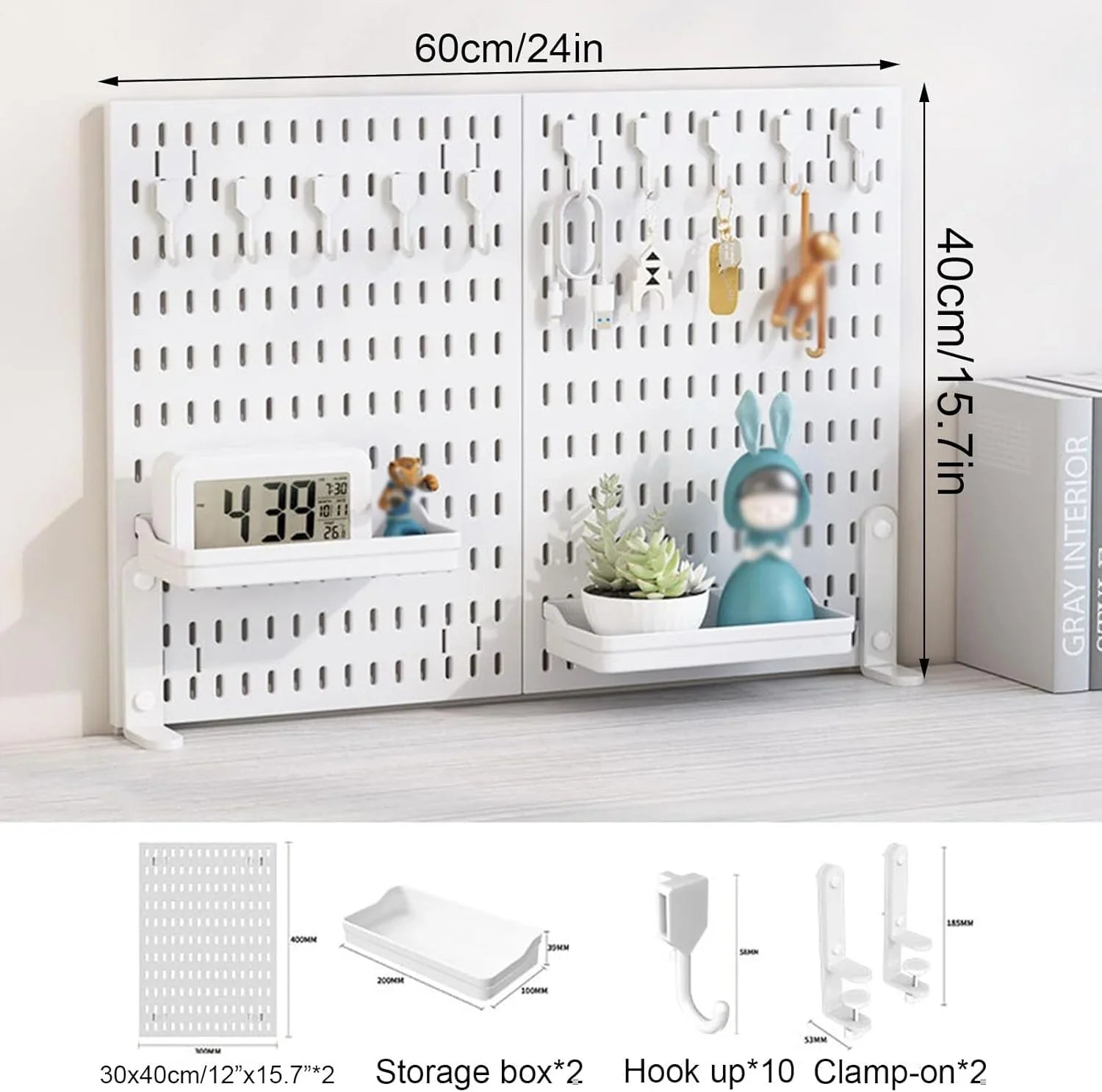 2 Pack Desk Pegboard Organizer Kit  with Hooks, Tray & Mount Ideal for Office, Gaming Setup & Home Workspace Organization (White)