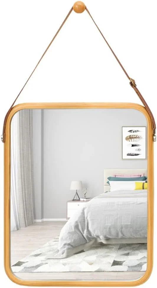 Hanging Wall Mirror with Bamboo Frame with Adjustable Leather Strap for Bathroom, Bedroom, Vanity or Entryway (40x33 cm)