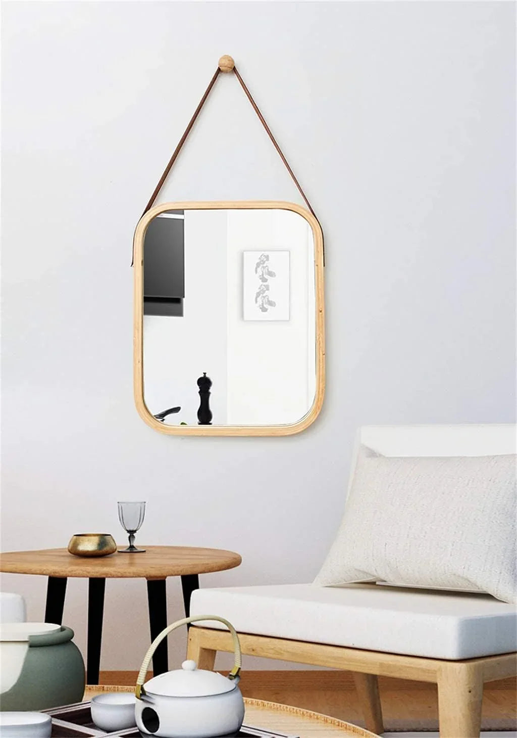 Hanging Wall Mirror with Bamboo Frame with Adjustable Leather Strap for Bathroom, Bedroom, Vanity or Entryway (40x33 cm)